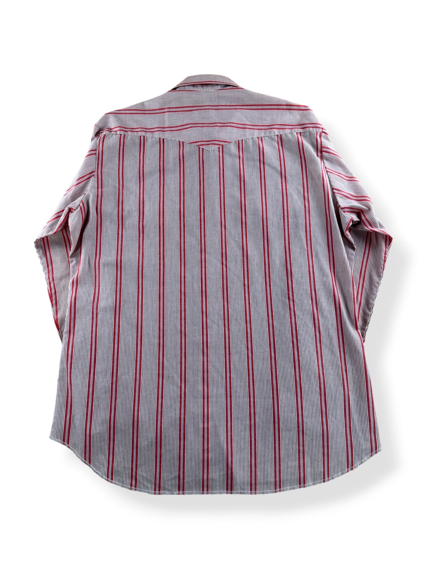 Back of Vintage Wrangler Red Striped Pearlsnap SZ L - AS IS