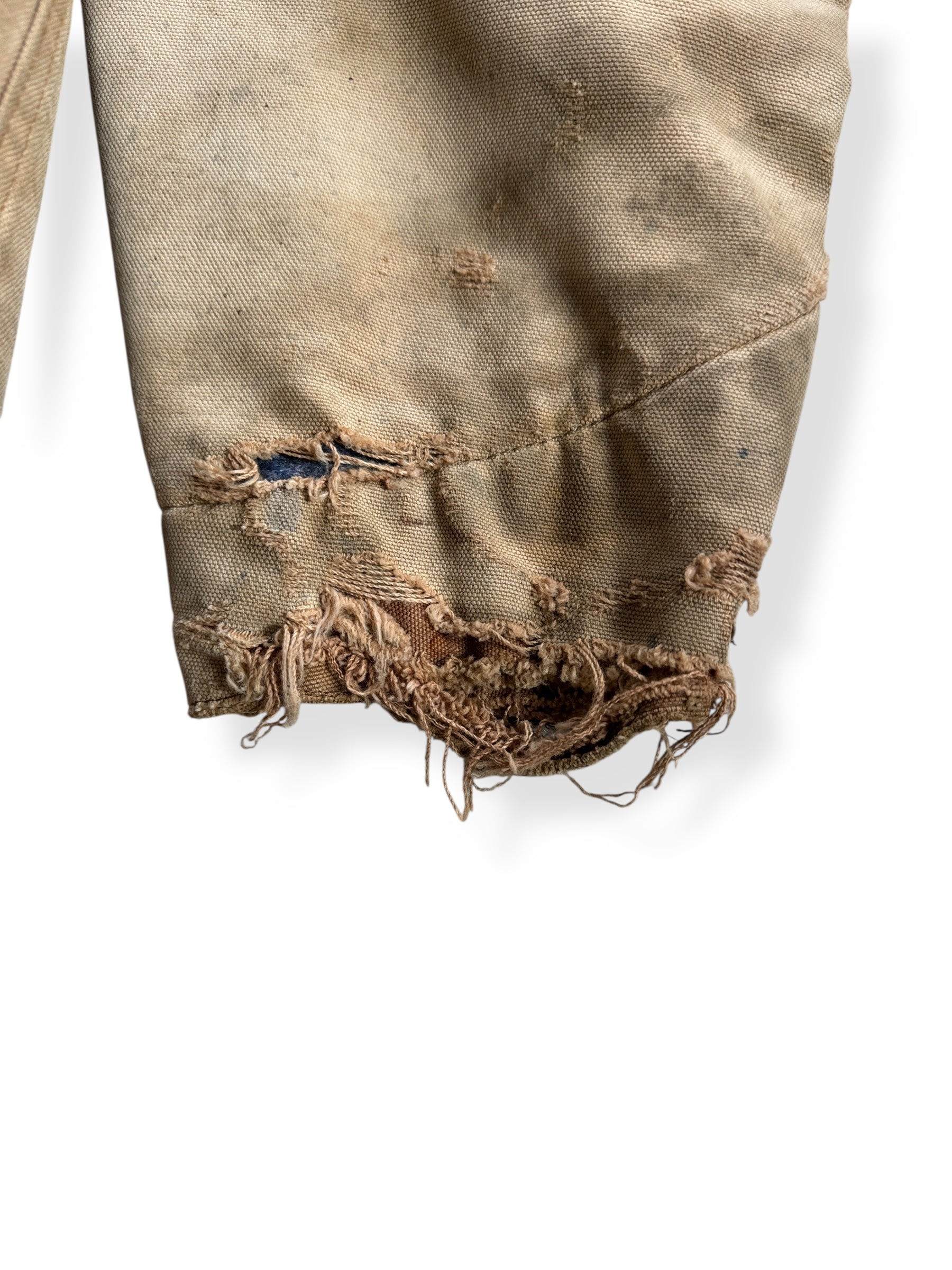 Thrashed Cuff on Vintage 70s Era Thrashed Carhartt Chore Coat SZ 46