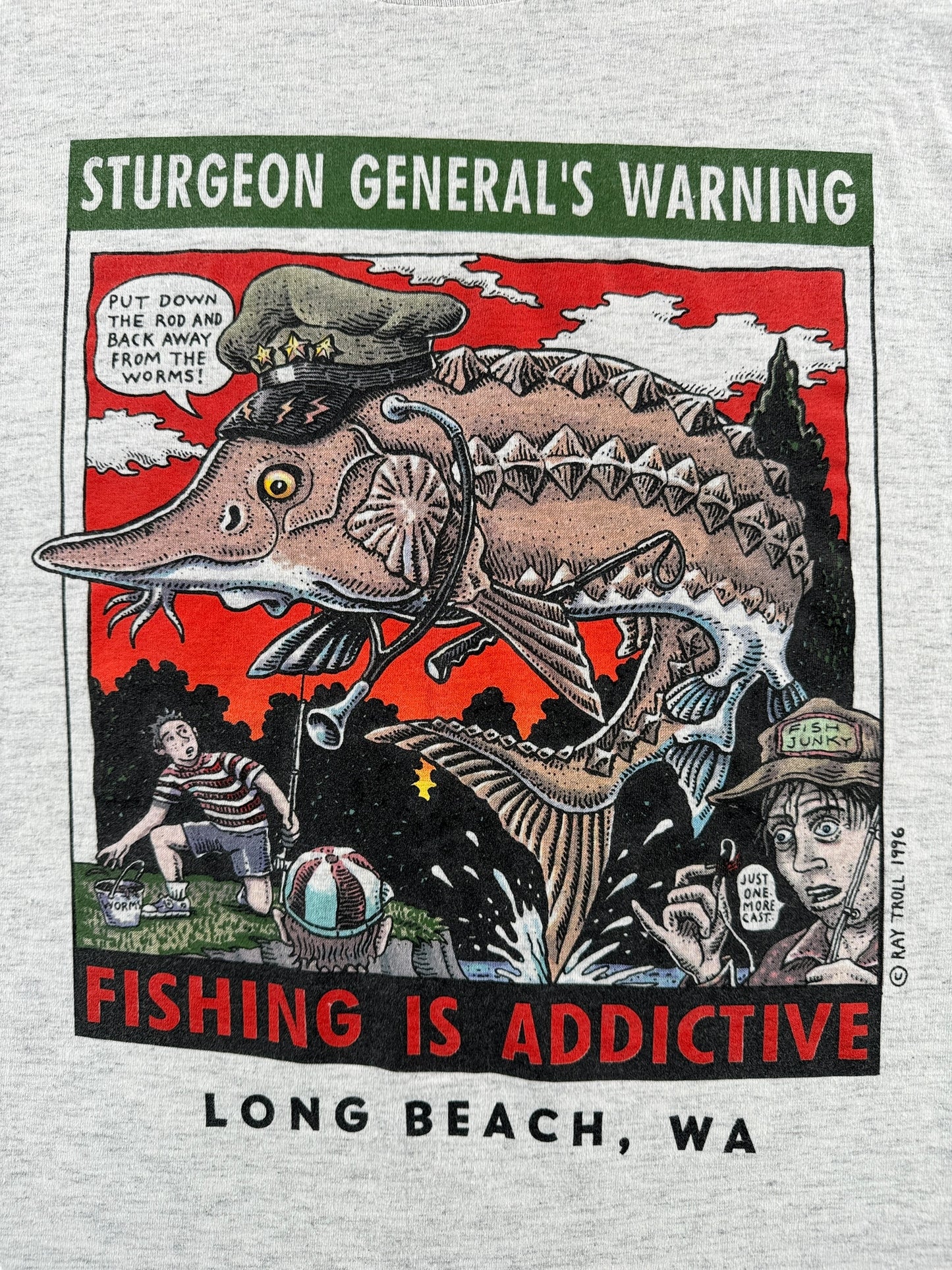 Front Graphic of Vintage Ray Troll Sturgeon General Tee SZ XL
