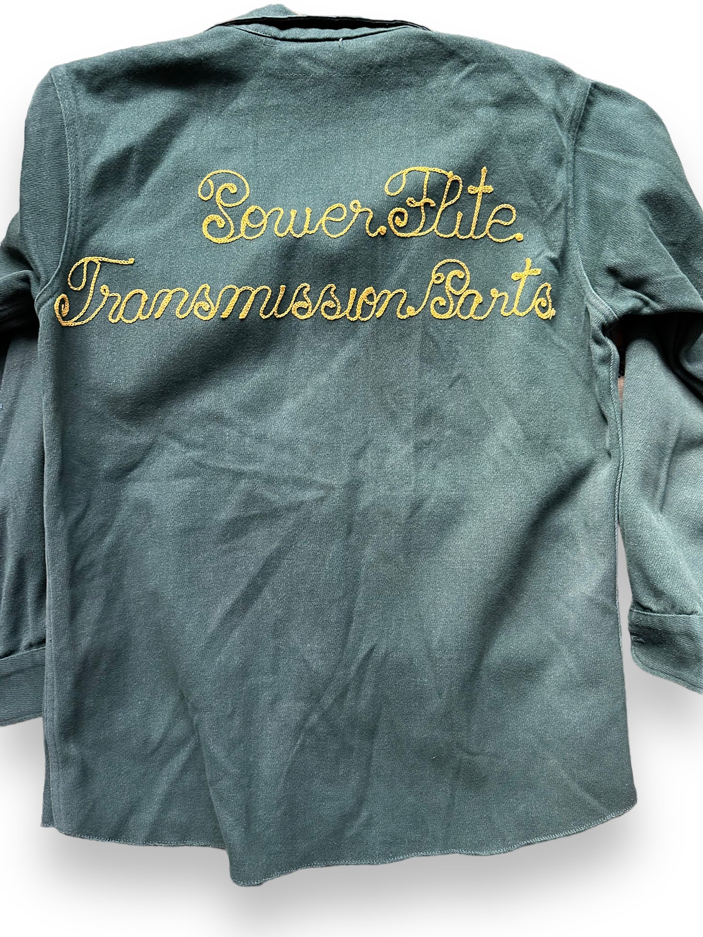 Rear Detail on Vintage Power Flite Transmission Chainstitched Work Shirt SZ M | Vintage Chainstitch Workwear Seattle | Barn Owl Vintage Seattle