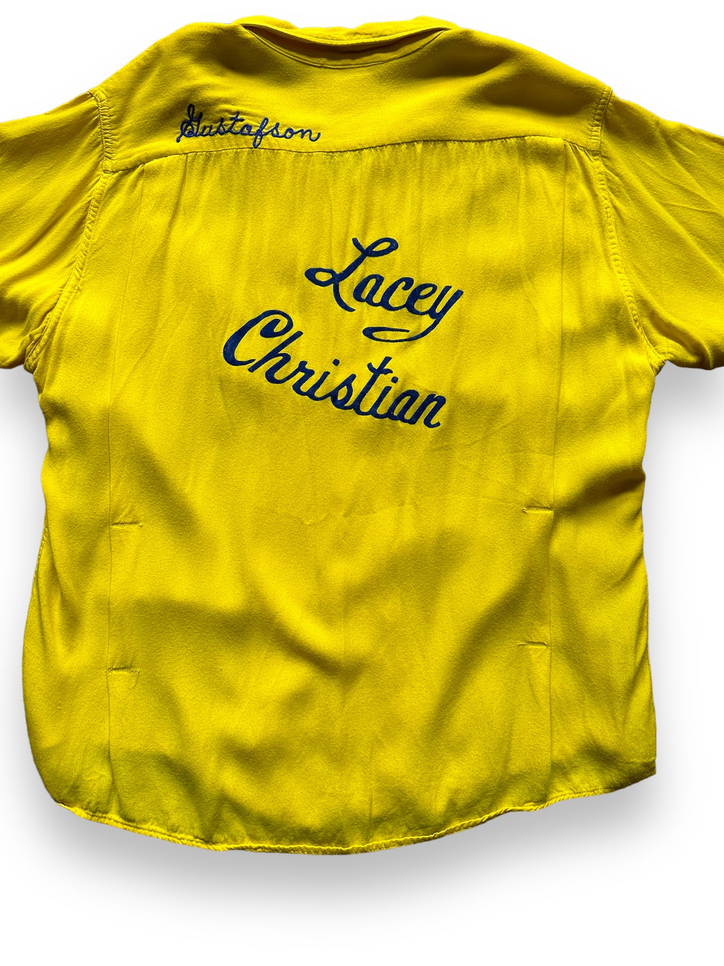 front close up of Vintage Lacey Christian Rayon Bowling Shirt SZ XL | Vintage Bowling Shirt Seattle | Barn Owl Vintage Seattle