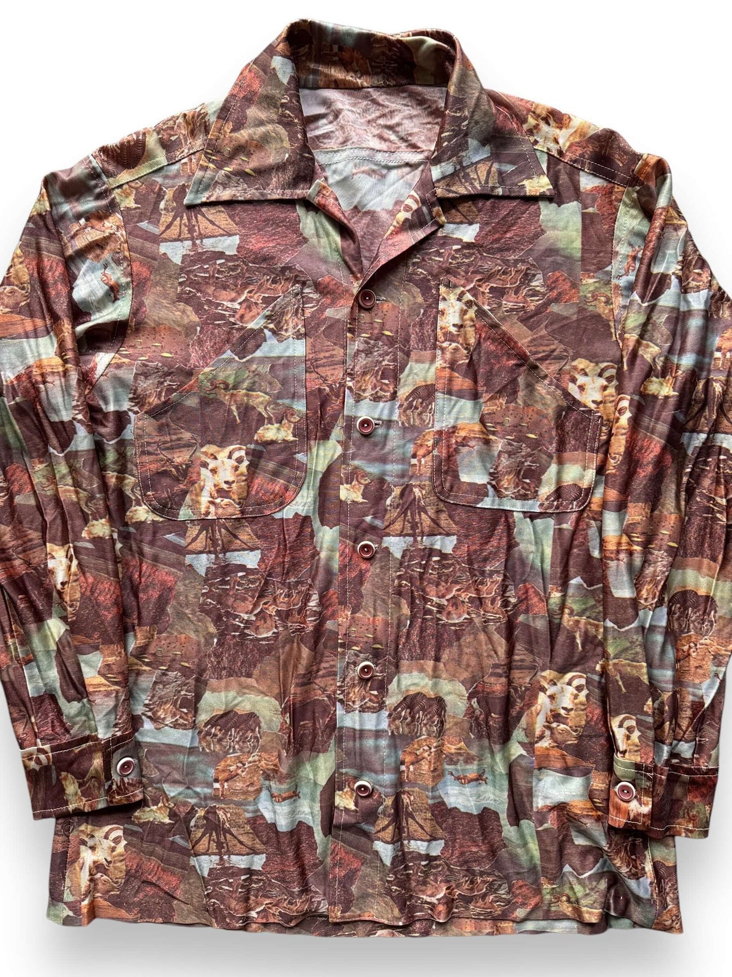Front Close Up of Vintage Safari Themed Disco Shirt SZ L