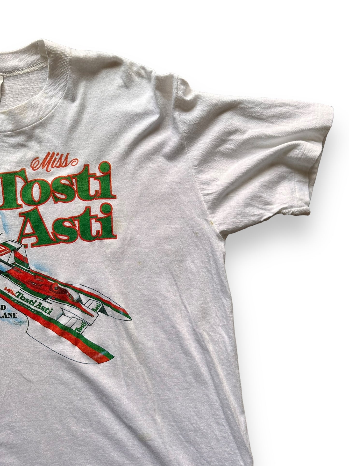 Front Left Shoulder View of Vintage Miss Tosti Asti Hydroplane Racing Tee SZ XL | Vintage Hydroplane T-Shirts Seattle | Barn Owl Vintage Clothing Seattle
