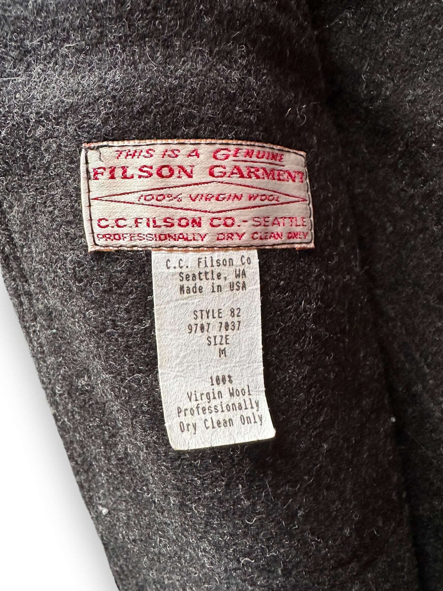 Tag View of Filson Ike Style Wool Jacket SZ L | Filson Workwear Seattle