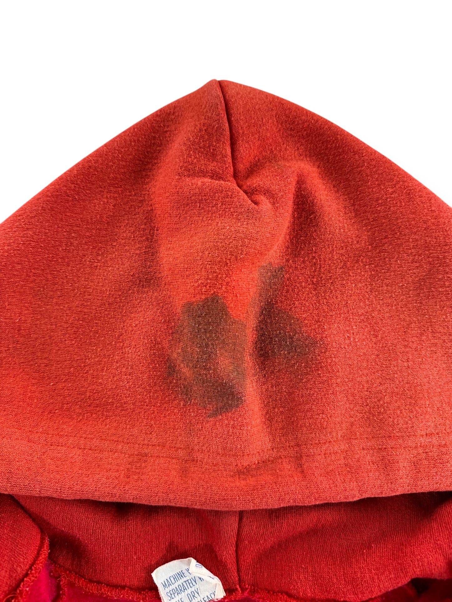 Stain on Hood of Vintage Red Cotton Blend Faded Hoodie SZ L
