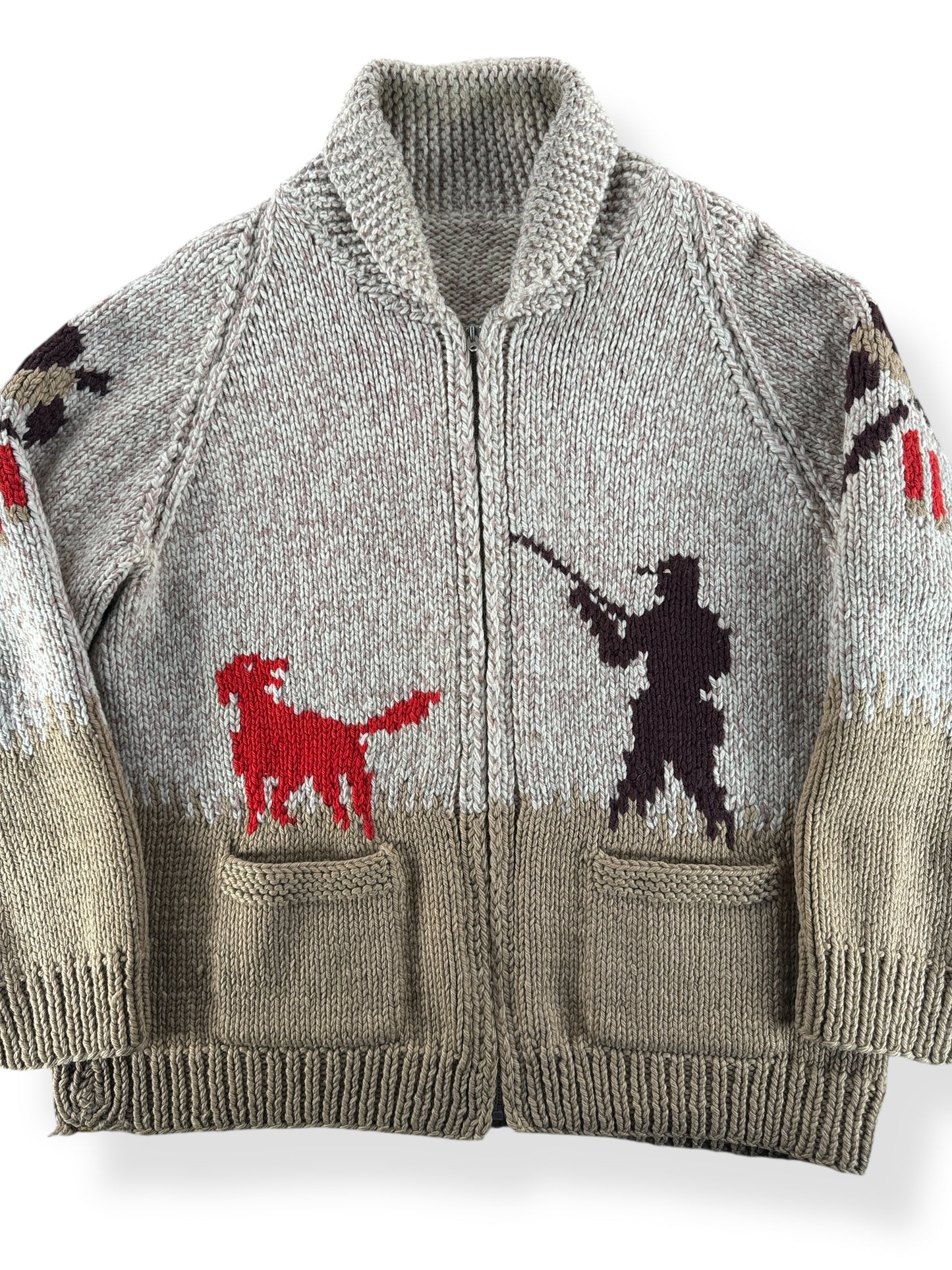 Front Close Up of Vintage Pheasant Hunting Themed Cowichan Style Sweater SZ XL