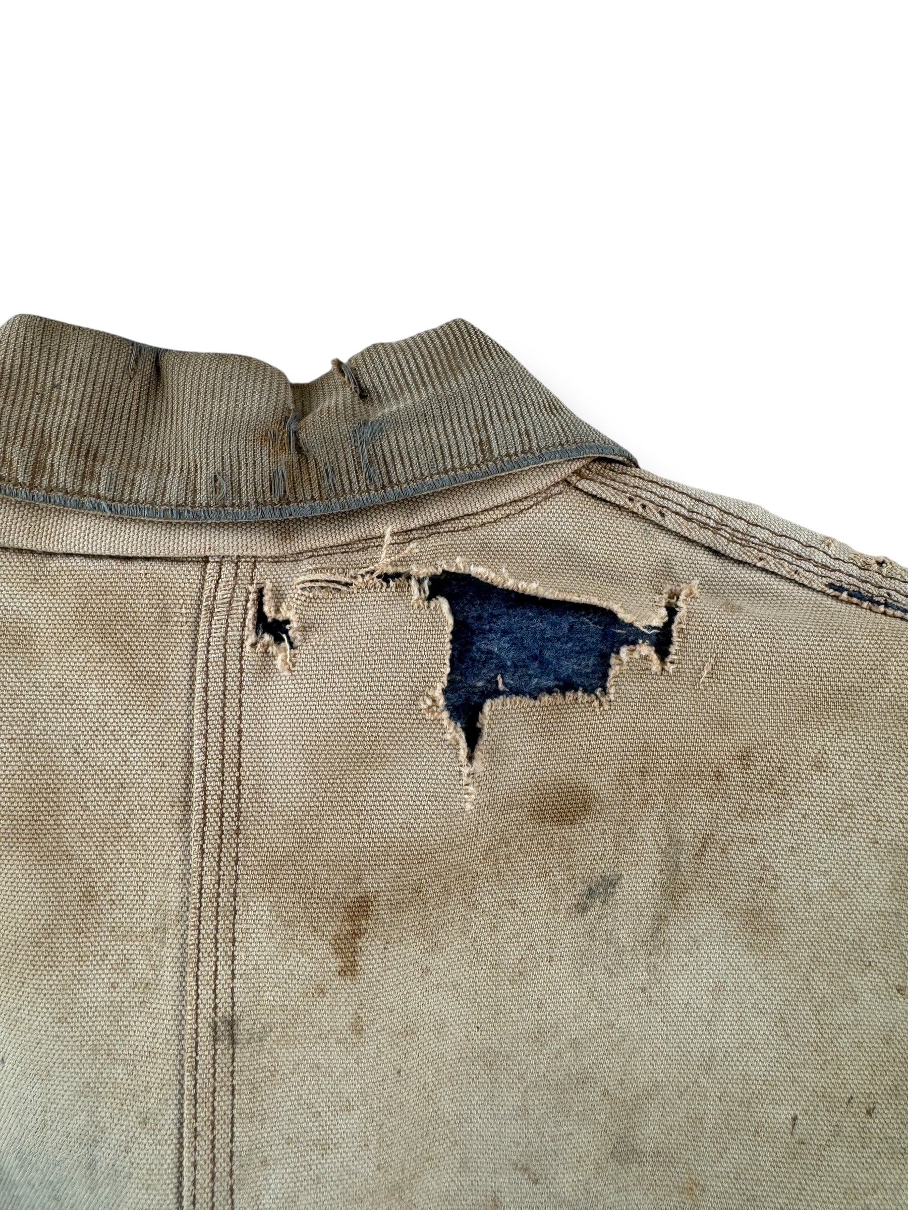Hole on Vintage 70s Era Thrashed Carhartt Chore Coat SZ 46