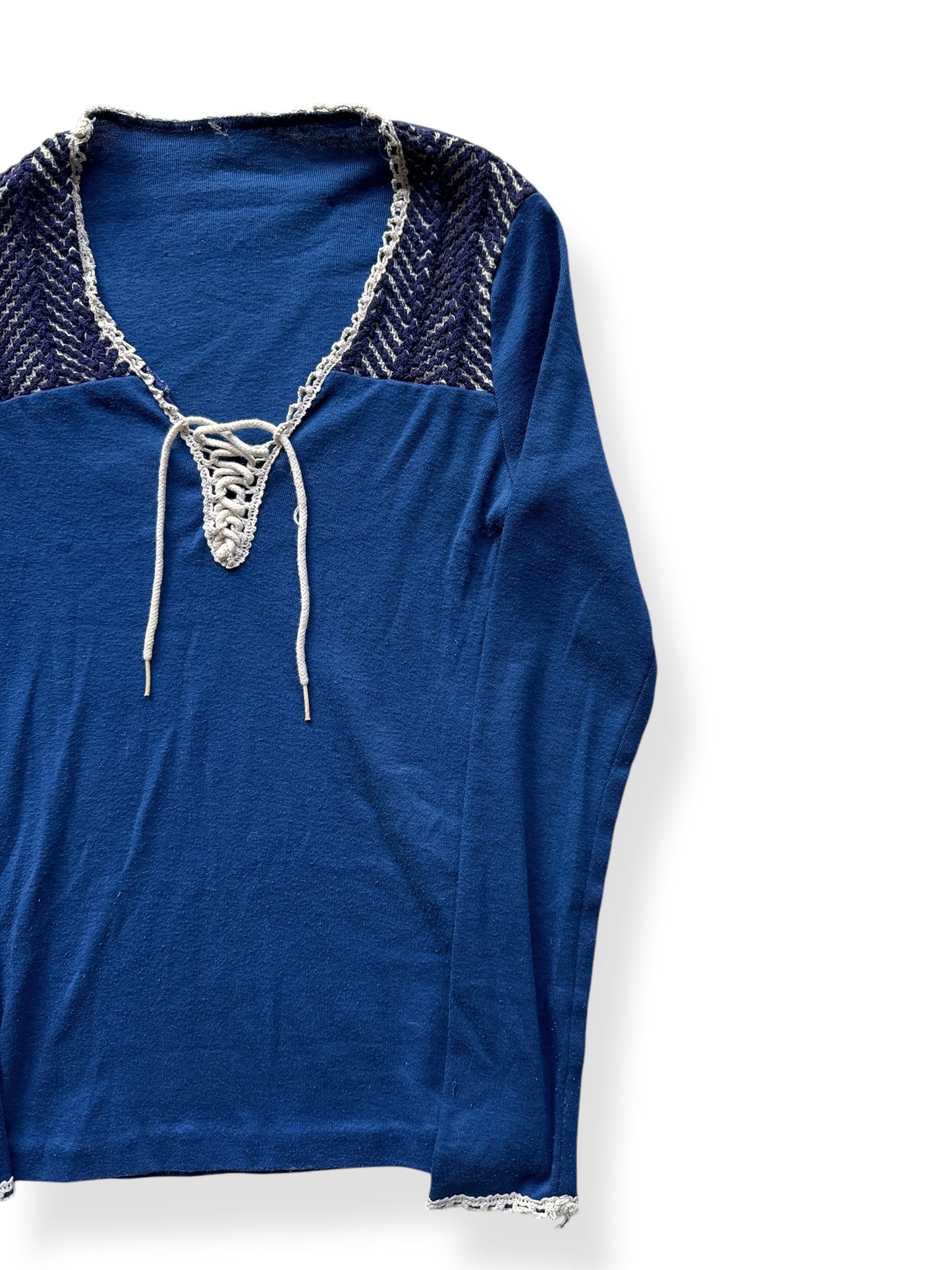 Front Left of Vintage Ladies Boho Drawstring Top SZ XS