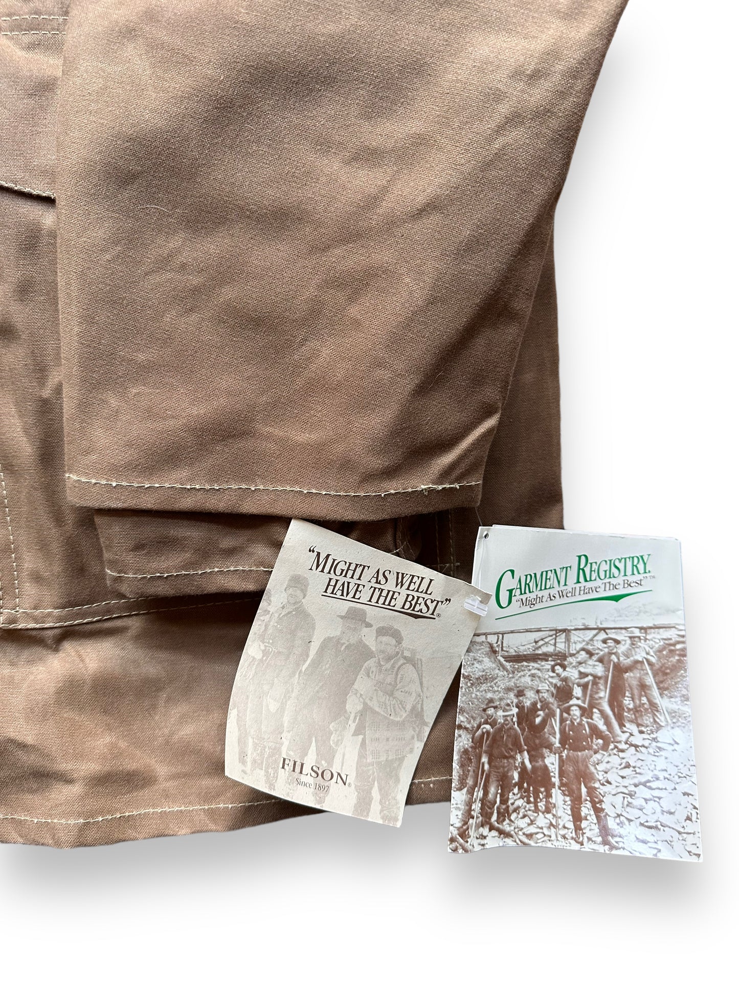 Garment Registry Tags on Vintage NOS Filson Tin Cloth Packer Coat SZ 44 | Barn Owl Vintage Goods Filson | Vintage Filson Workwear Seattle
