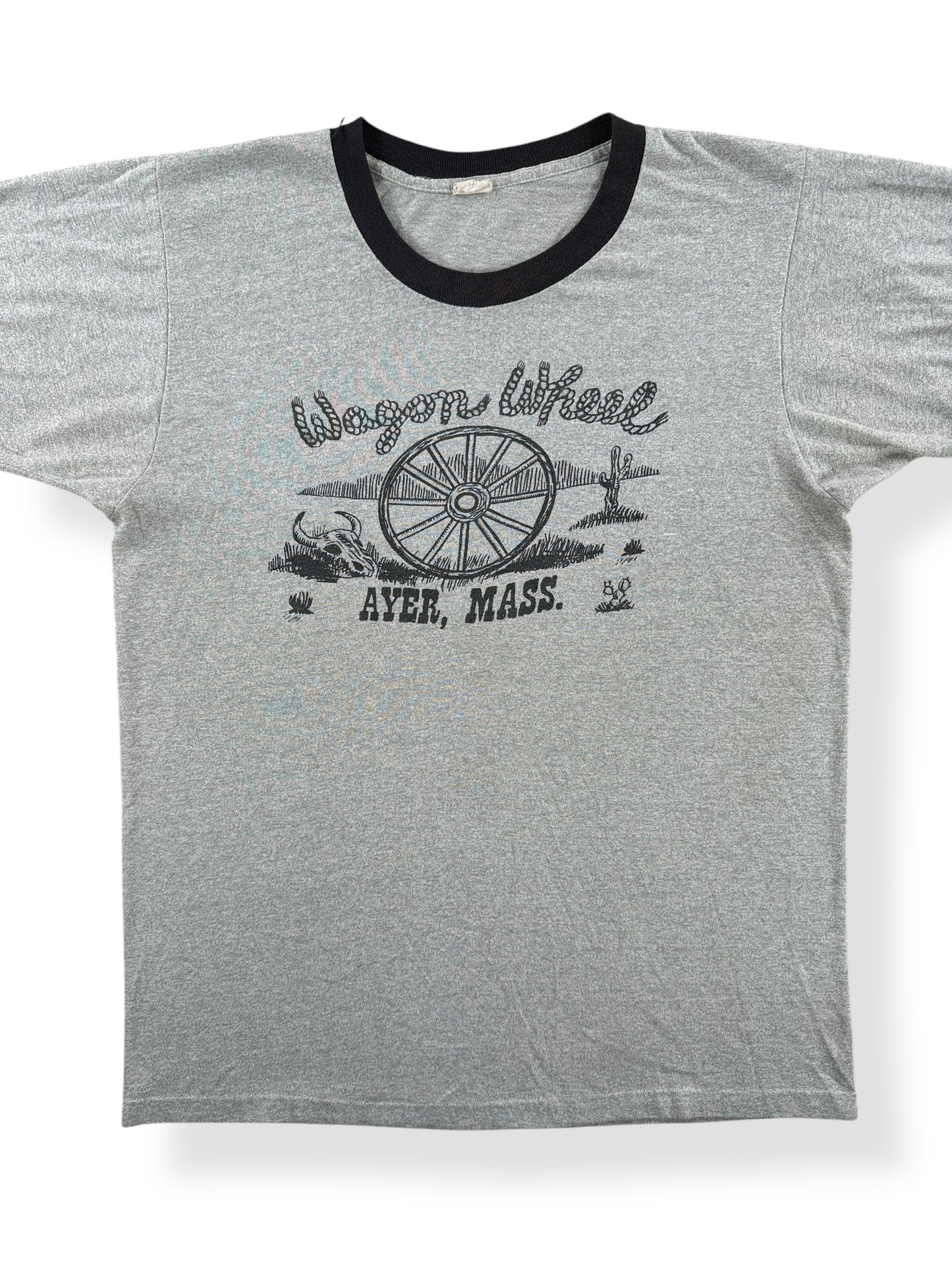 Front Close Up of Vintage Wagon Wheel Ayer MA Ringer Tee SZ M