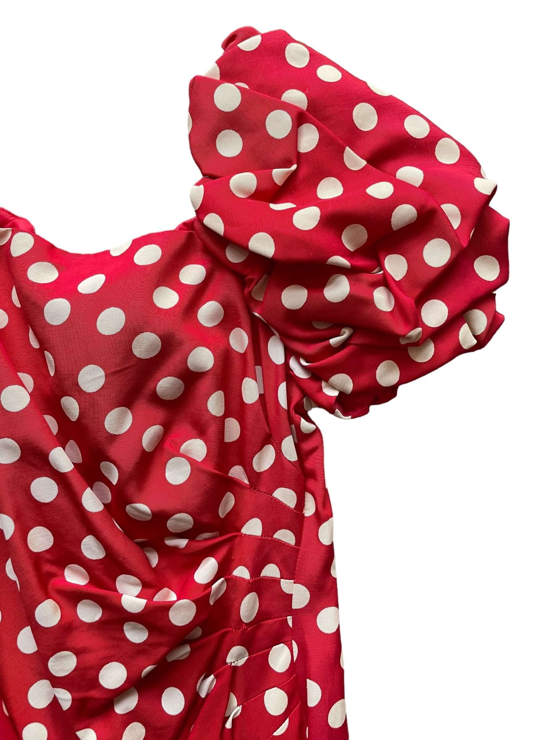 Front left sleeve view of 1980s Poofy Red Polka Dot Wiggle Dress M-L