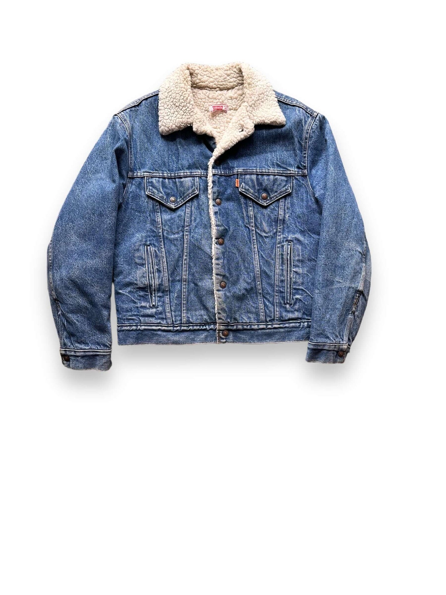 Front View of Vintage Levis Orange Tab Sherpa Type III Denim Jacket SZ 42 | Vintage Denim Workwear Seattle