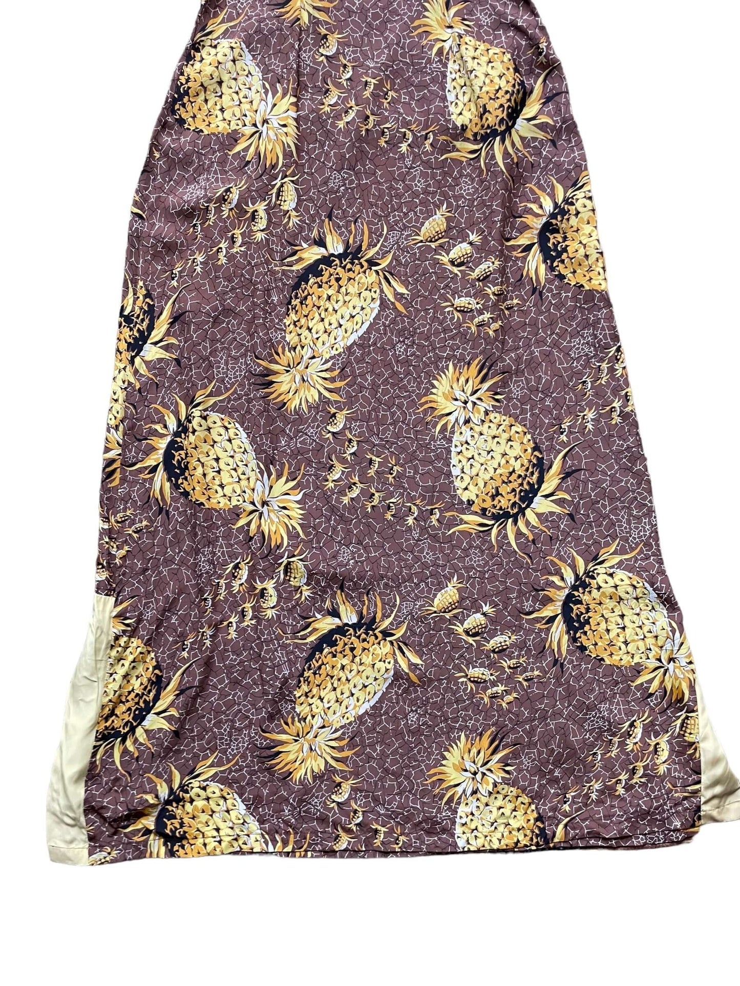 Front skirt view of 1940s Malihini Rayon Pineapple Dress XS-S