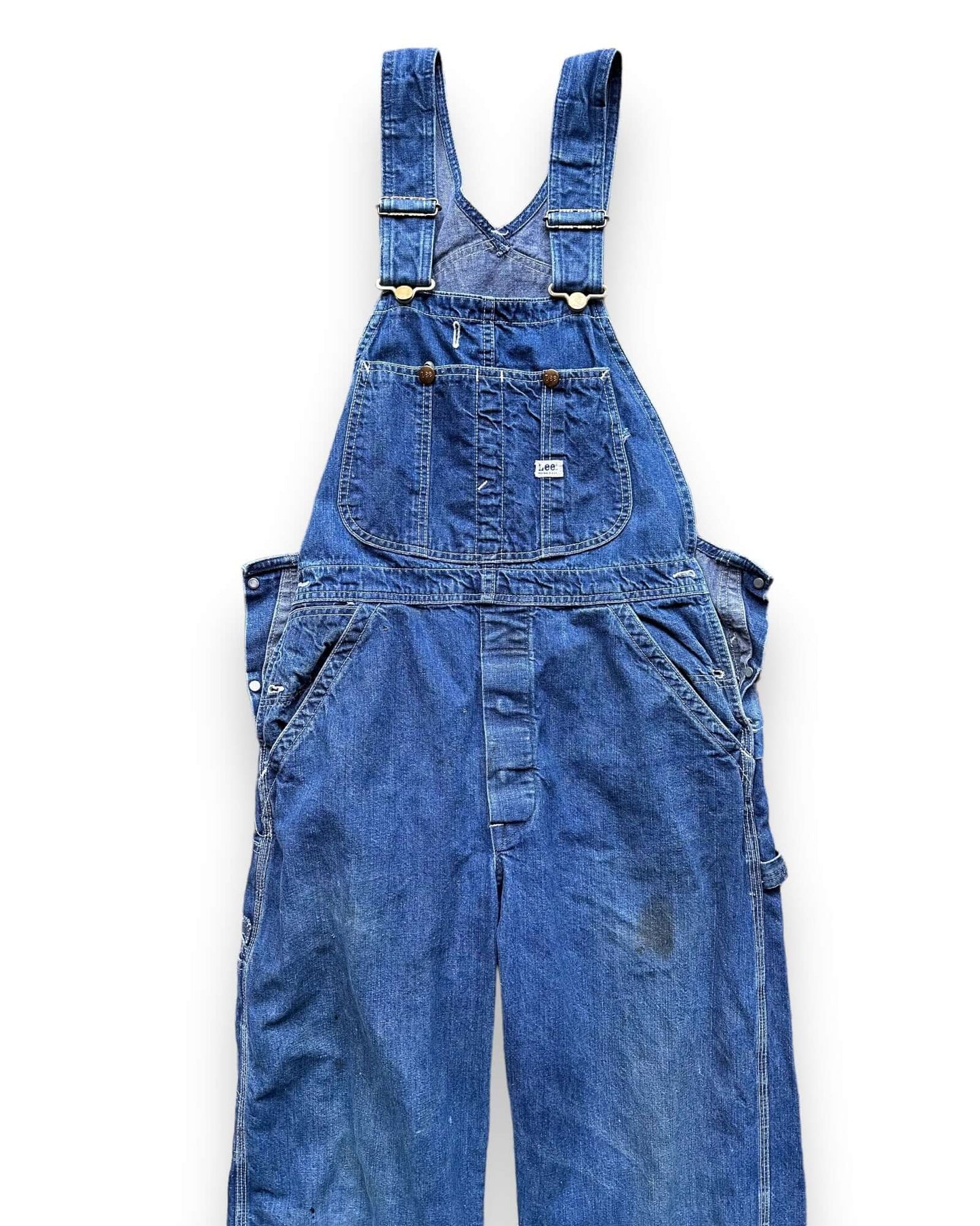 Upper Front View of Vintage 70's Era Lee Farm Repaired Denim Overalls SZ 34 | Vintage Denim Workwear Seattle | Seattle Vintage Denim