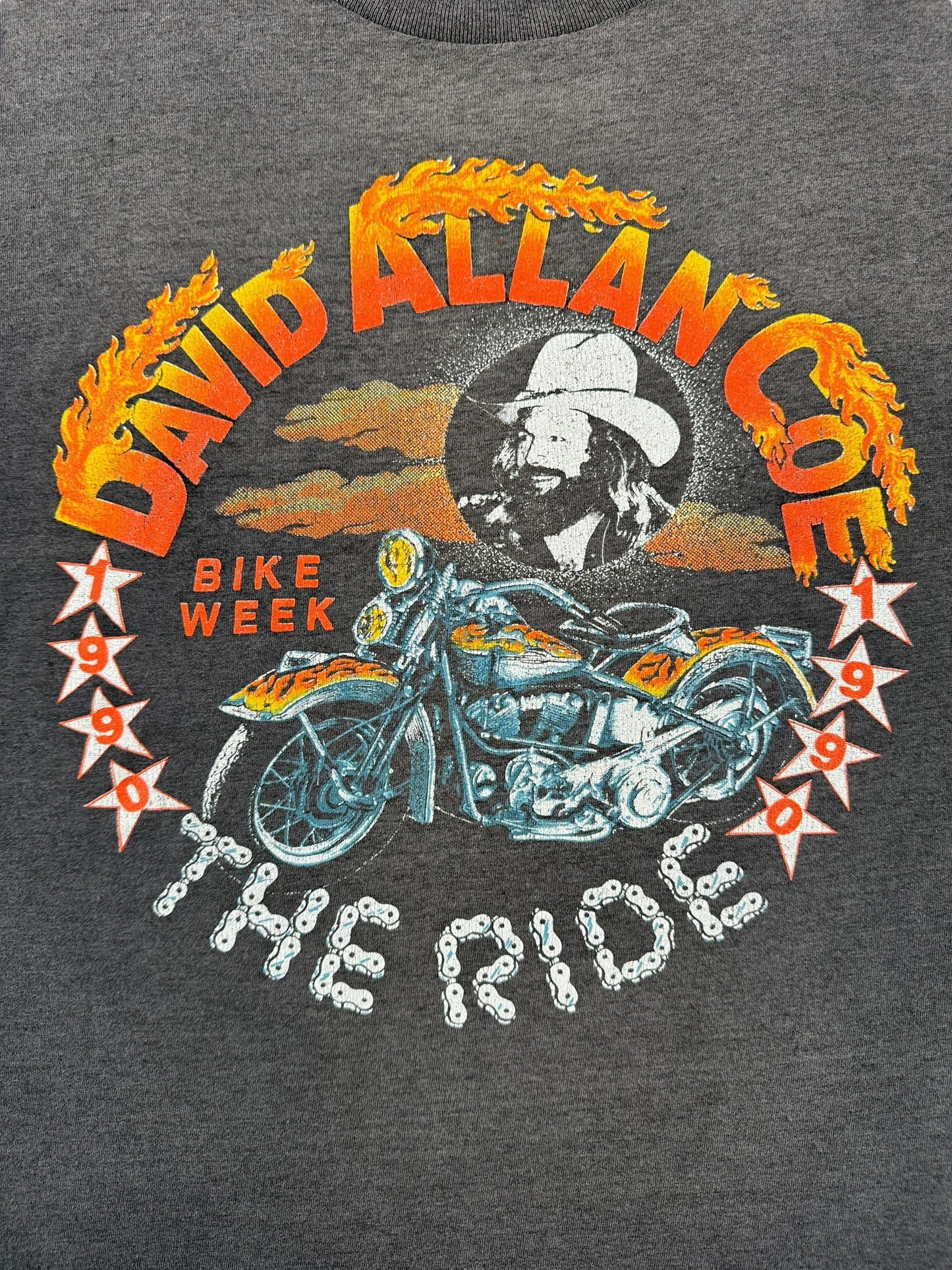 Front Graphic of Vintage David Allan Coe 1990 Bike Week Tee SZ L