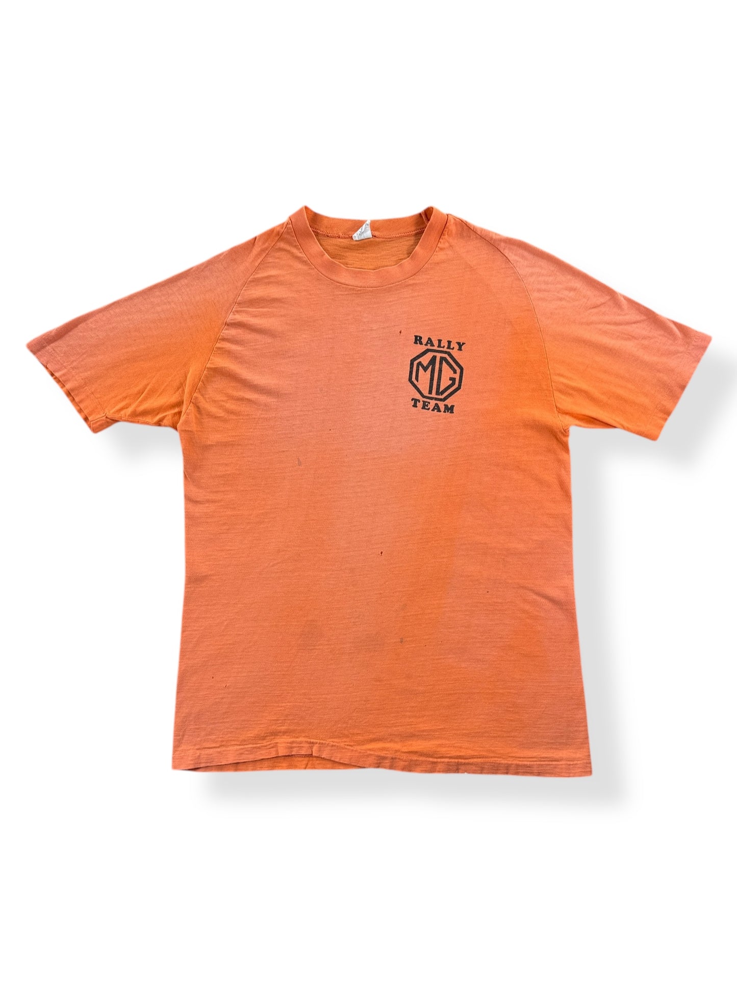 Front of Vintage Raglan Cut Creamsicle Orange MG Rally Team Springfoot Tee SZ M