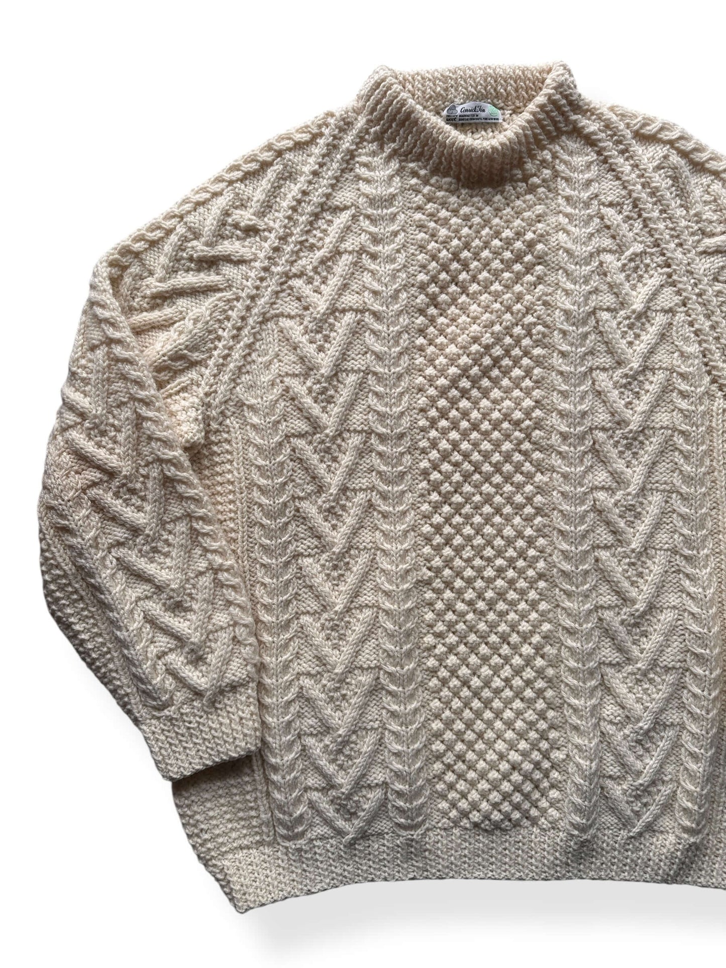 Front Right of Vintage Carrick Fin Irish Cable Knit Aran Fishermans Sweater SZ XL