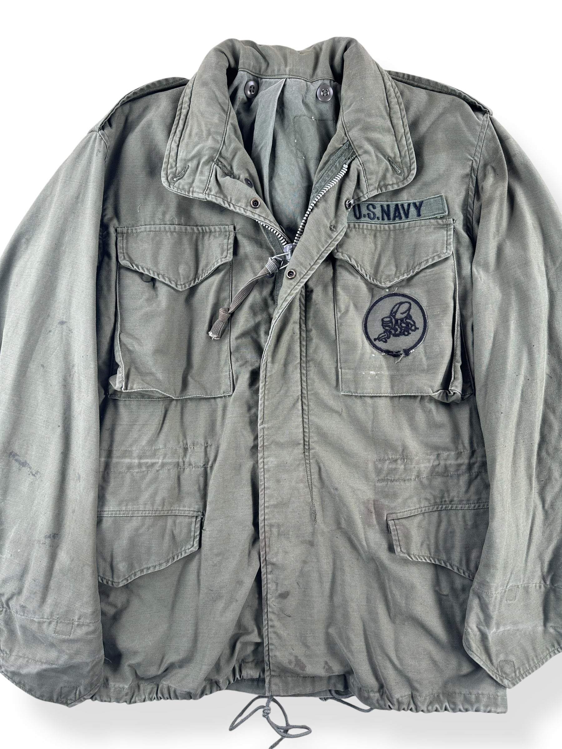 Front Close Up of Vintage Seabees M65 Field Jacket SZ M AS IS