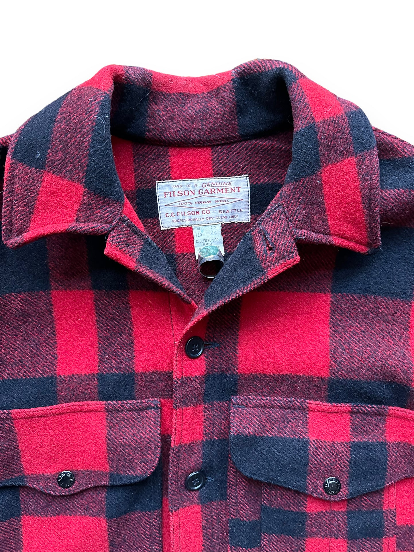 Upper Tag View of Vintage Filson Mackinaw Wool Cruiser SZ 44 | Barn Owl Vintage Goods | Vintage Workwear Seattle