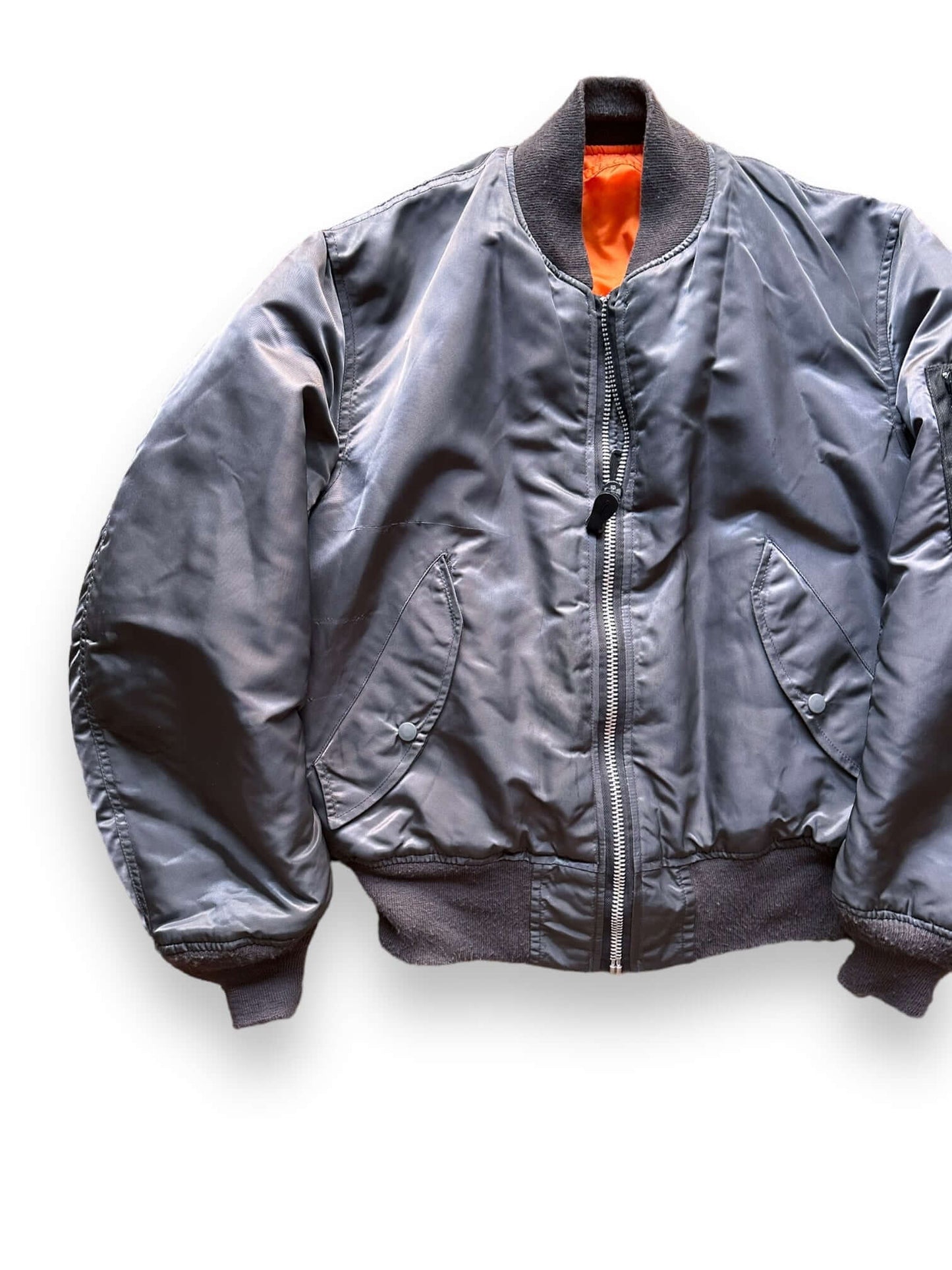 Front Right View of Vintage Grey MA-1 Flight Jacket SZ XL |  Vintage Military Jacket Seattle