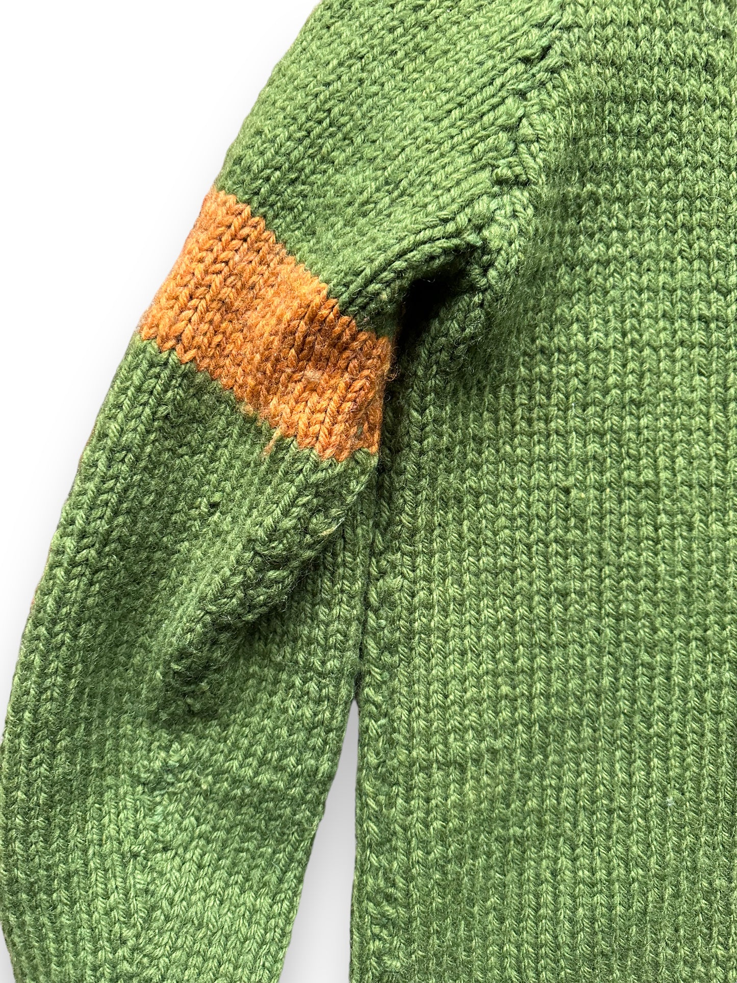Right Front Sleeve View of Vintage Green and Brown Striped Handknit Sweater SZ L | Vintage Wool Sweaters Seattle | Barn Owl Vintage Seattle