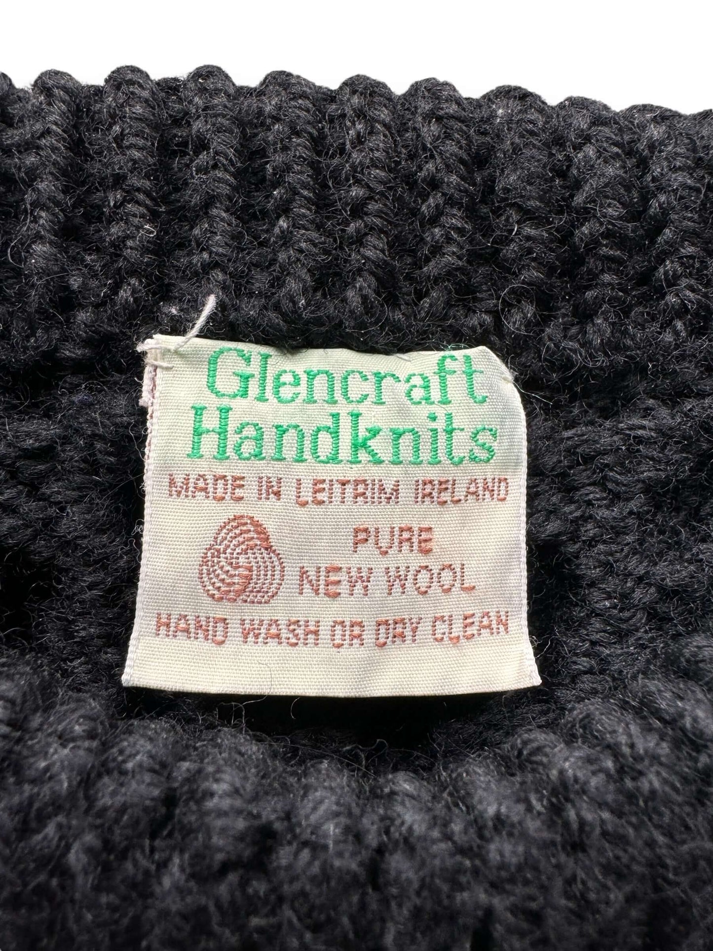 tag on Vintage Black Glencraft Handknits Irish Wool Sweater SZ L