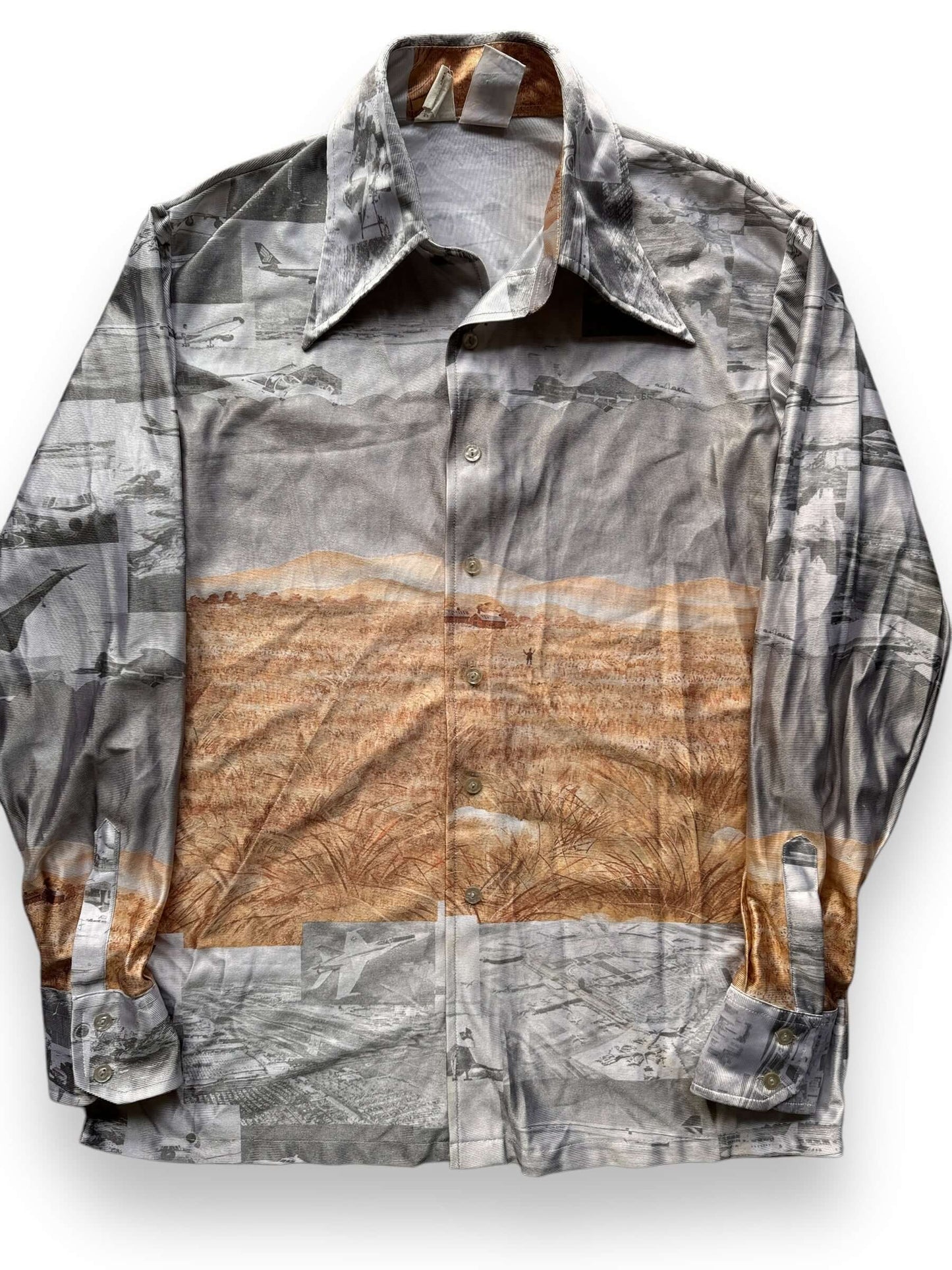 Front Close Up of Vintage Kennington History of Flight Disco Shirt SZ L