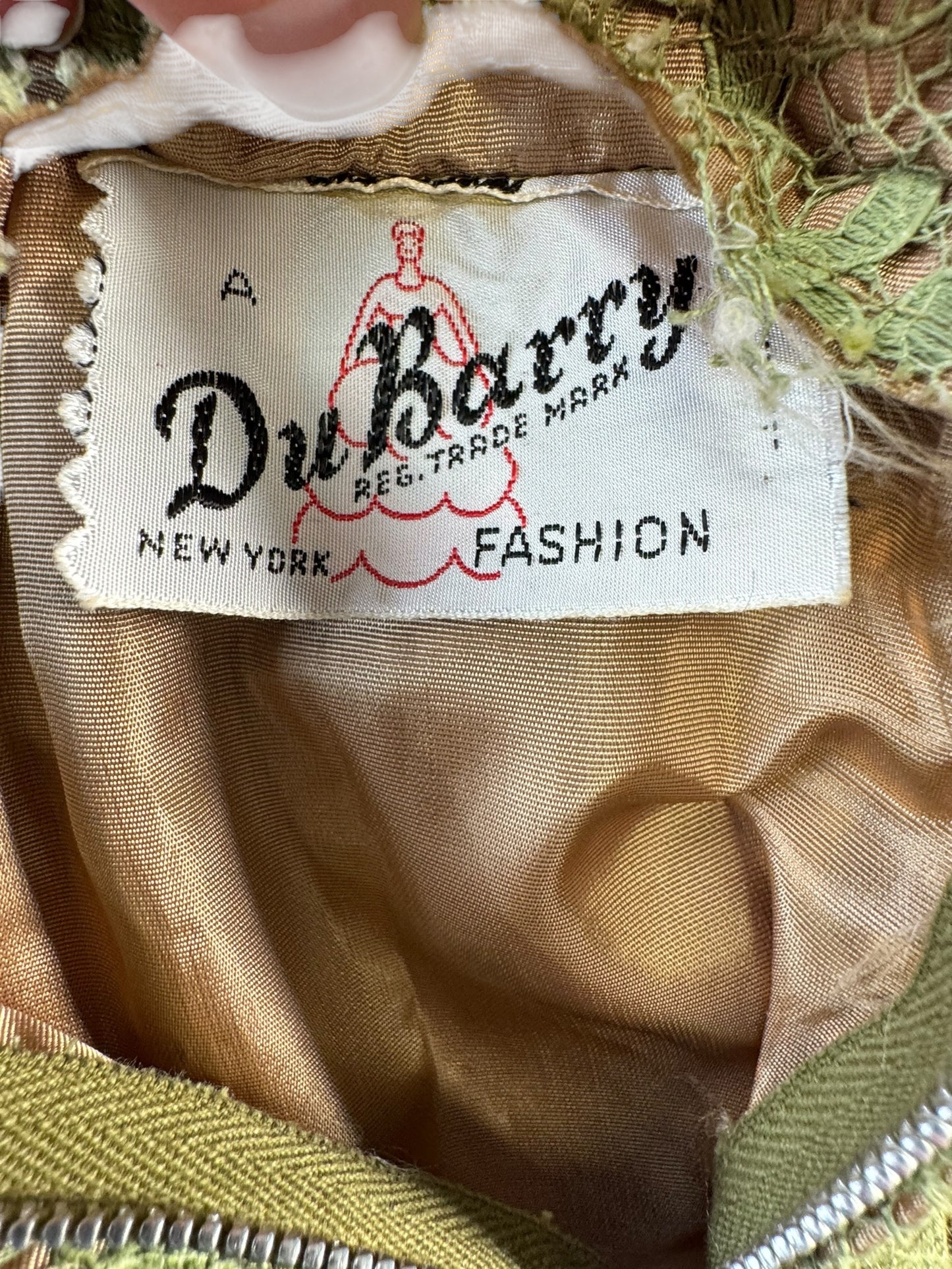 Tag view of 1950s Sage Du Barry Lace Dress M