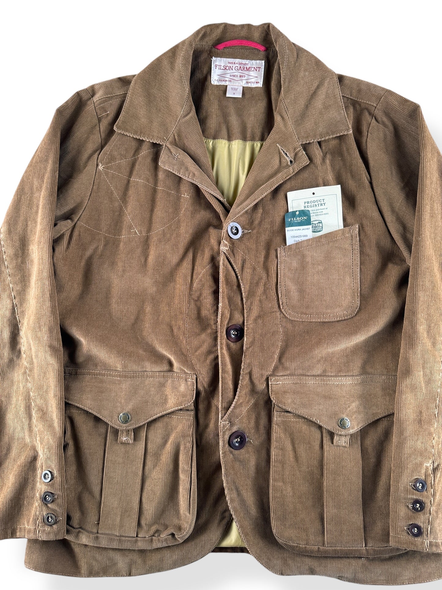 Front Close Up of Filson Corduroy Dark Tan Guide Work Jacket SZ M