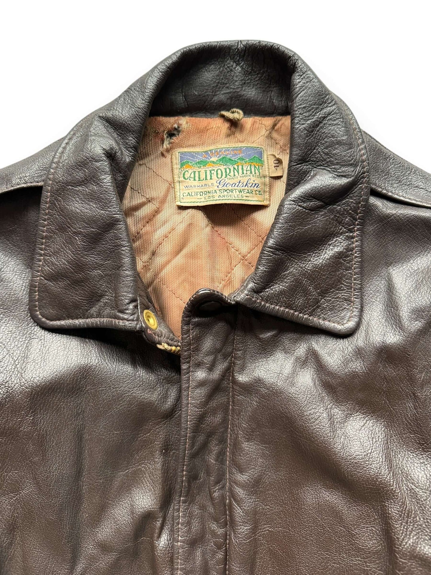 collar on Vintage 30s/40s Era Californian Goatskin A-2 Leather Jacket SZ 40