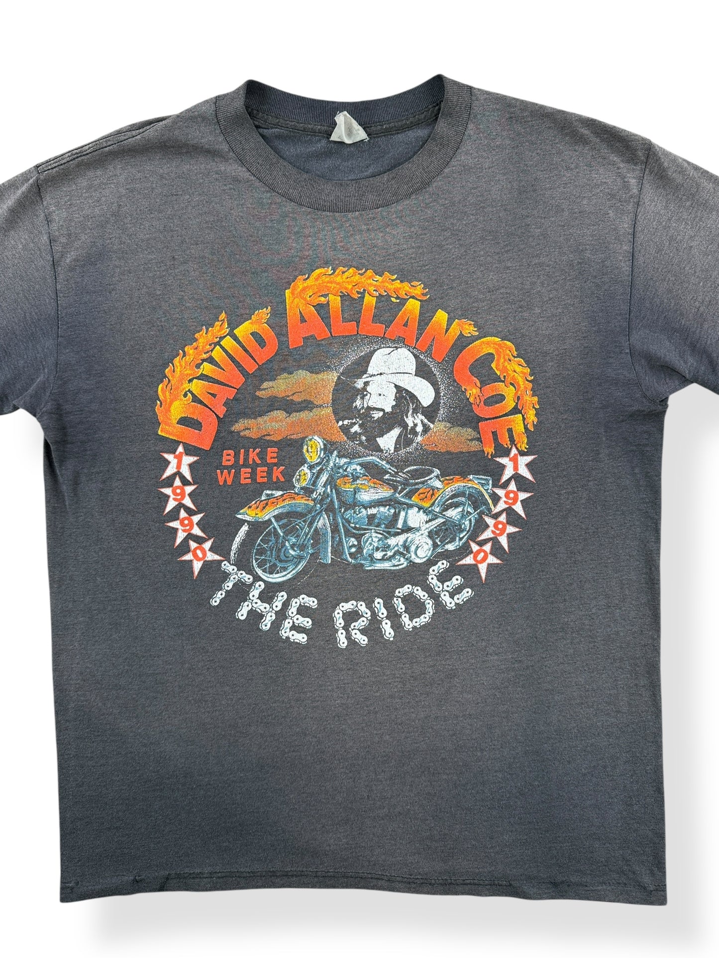 Front Close Up of Vintage David Allan Coe 1990 Bike Week Tee SZ L