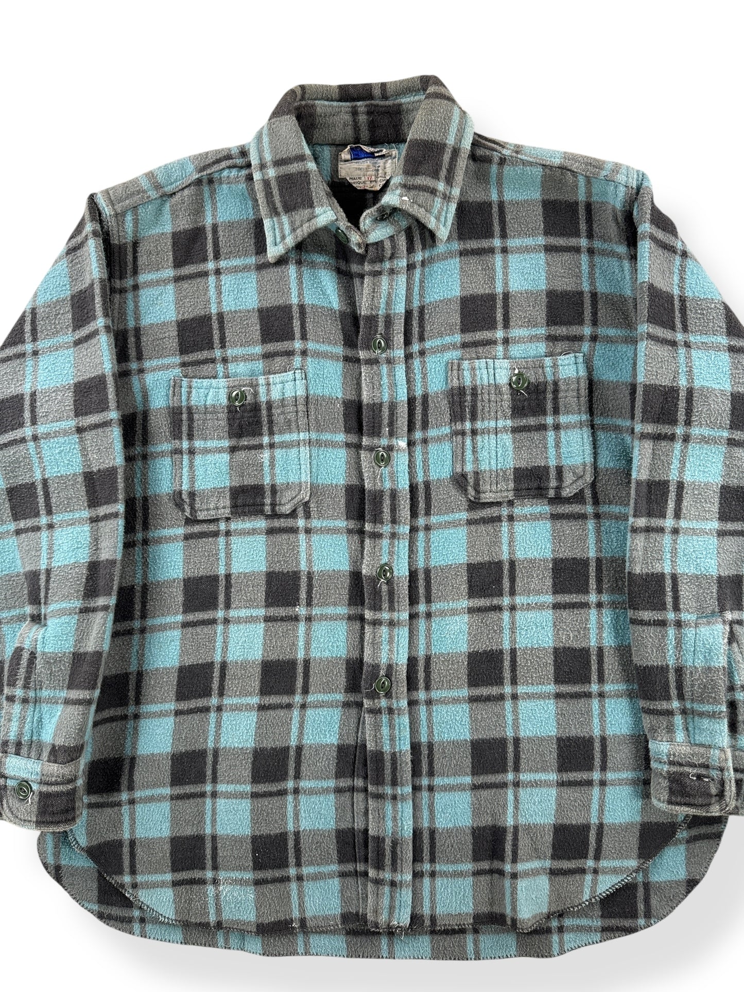 Front Close Up of Vintage 70's Champion Teal and Grey Camp Flannel SZ XL