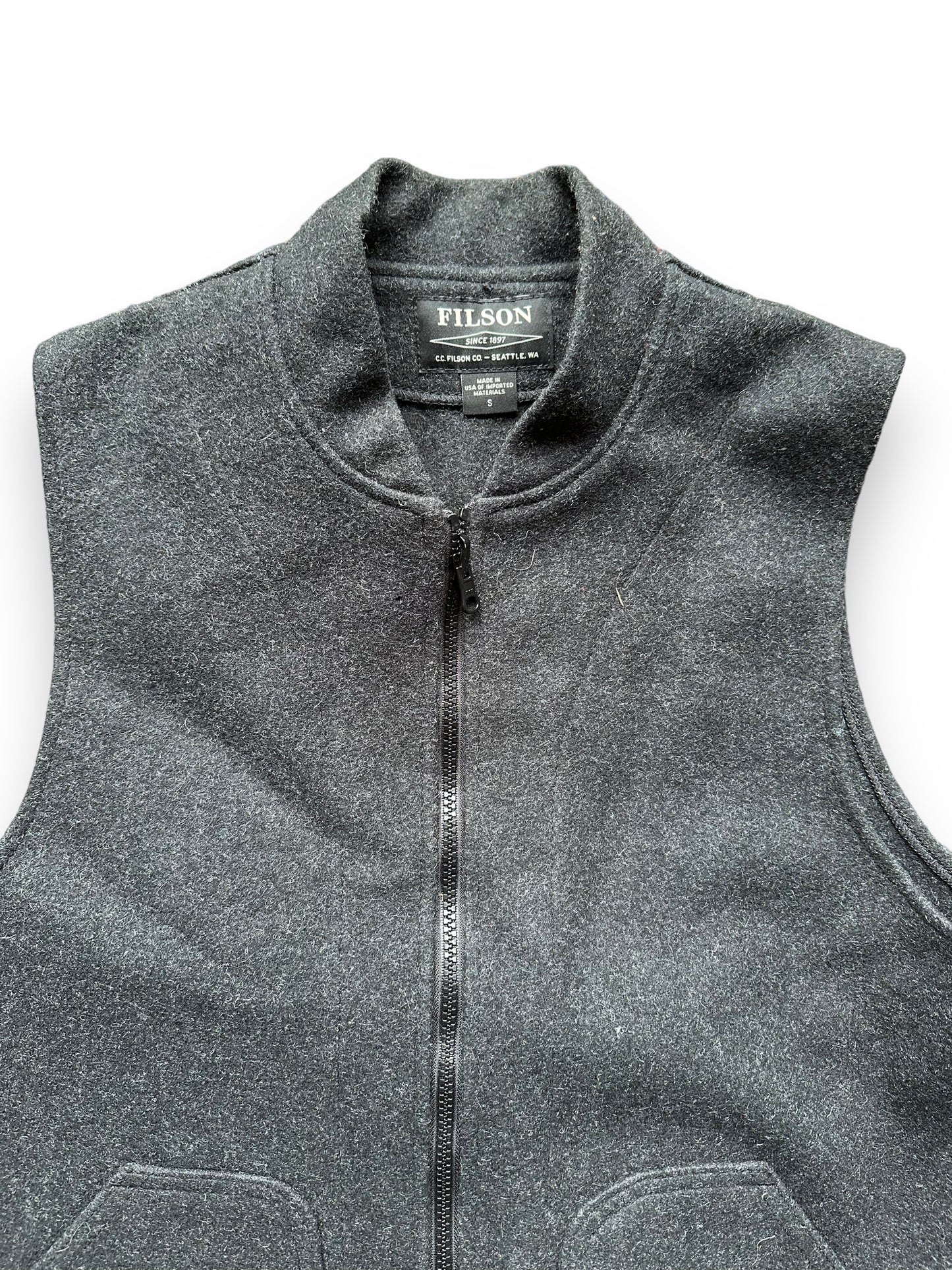 Upper Front View of Filson Mackinaw Wool Sleeveless Charcoal Liner SZ S | Barn Owl Vintage Goods | Vintage Filson Workwear Seattle