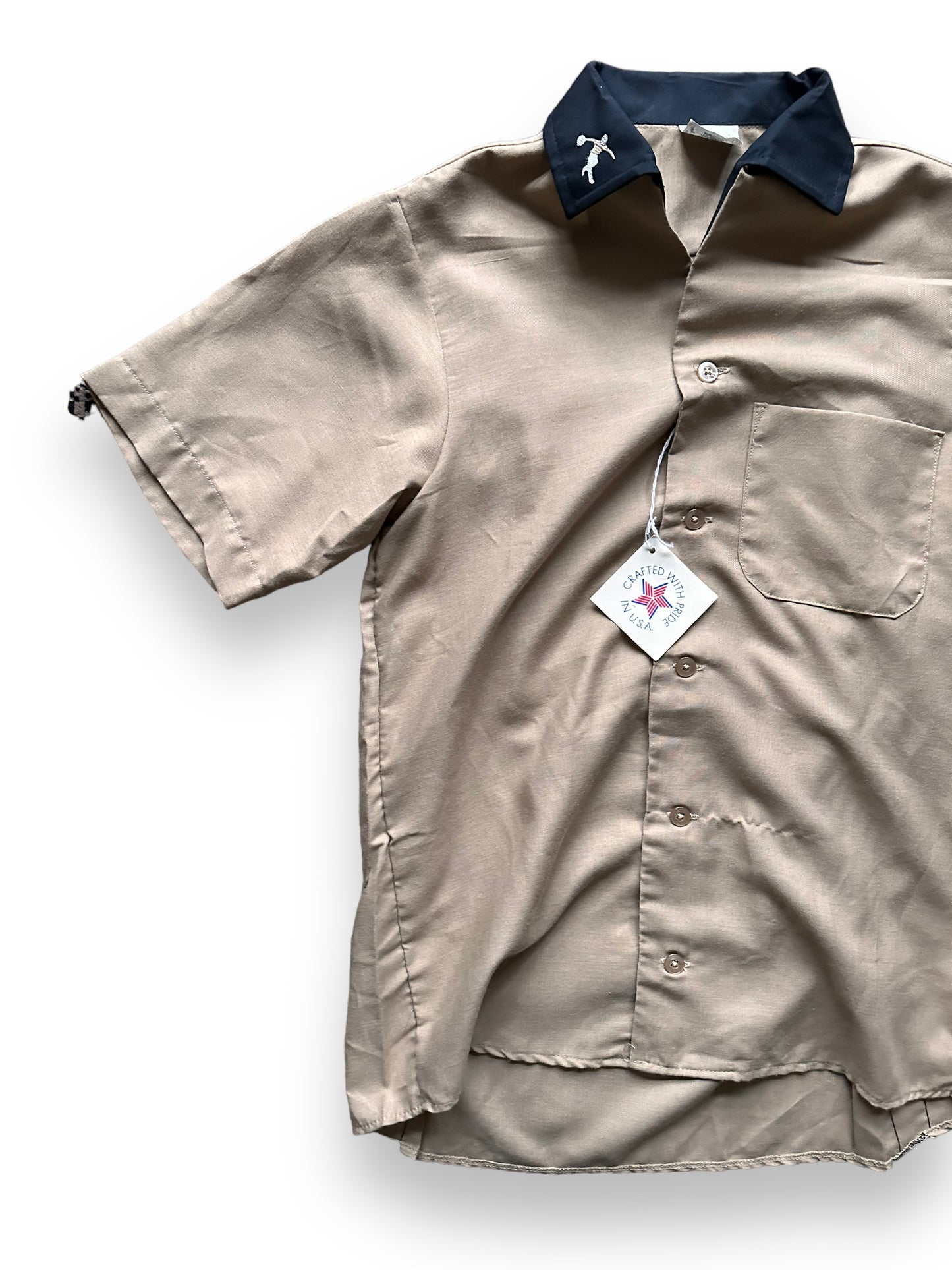front right of Vintage NOS King Louie Tan & Black Bowling Shirt SZ S | Vintage Bowling Shirt Seattle | Barn Owl Vintage Seattle