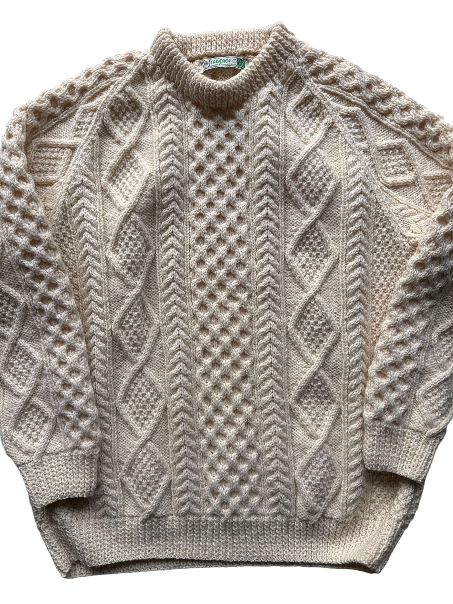 Front Close Up of Vintage Irisfree Cream Irish Cable Knit Fishermans Sweater SZ XL