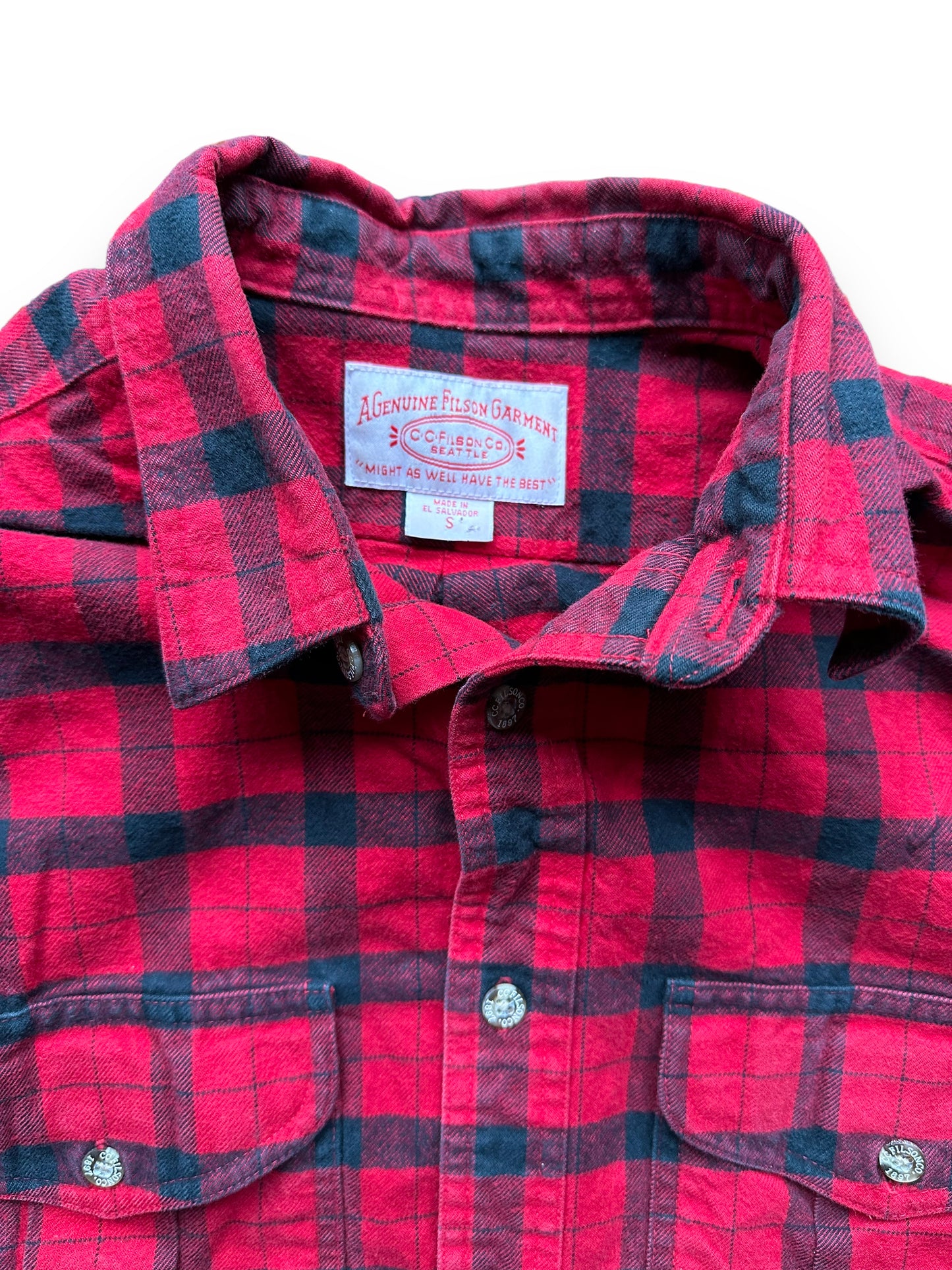 collar of Filson Black and Red Guide Shirt | Barn Owl Vintage Goods | Vintage Filson Workwear Seattle