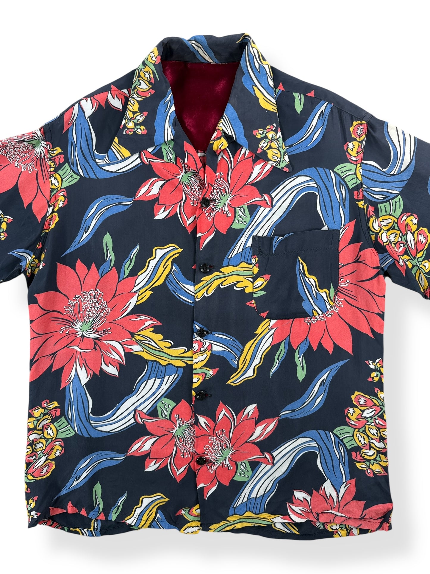 Front Close Up of Vintage Blue Made in California Aloha Floral Print Shirt SZ M