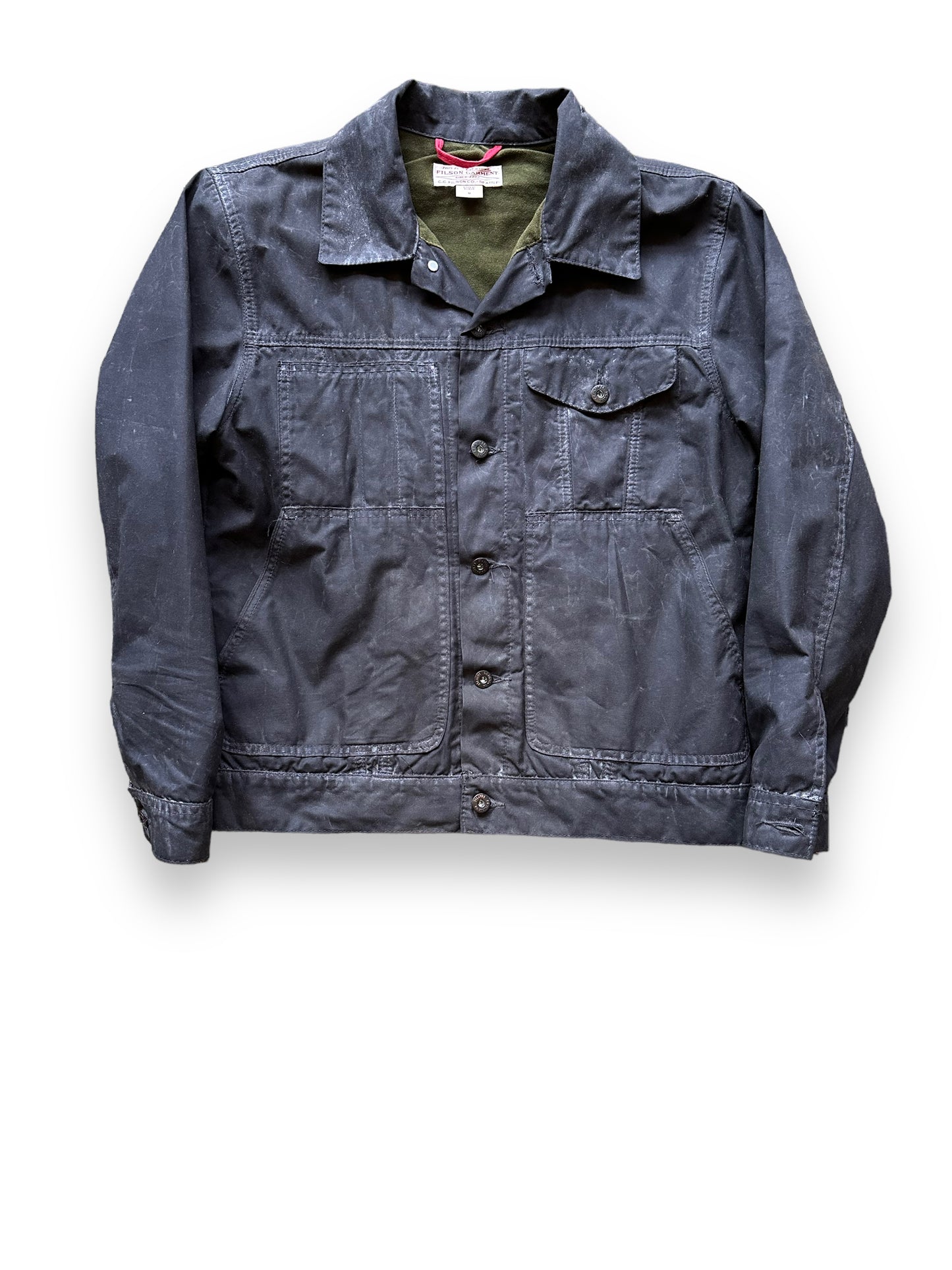 Front View of Filson Black Short Lined Tin Cloth Cruiser SZ M |  Barn Owl Vintage Goods | Vintage Filson Workwear Seattle