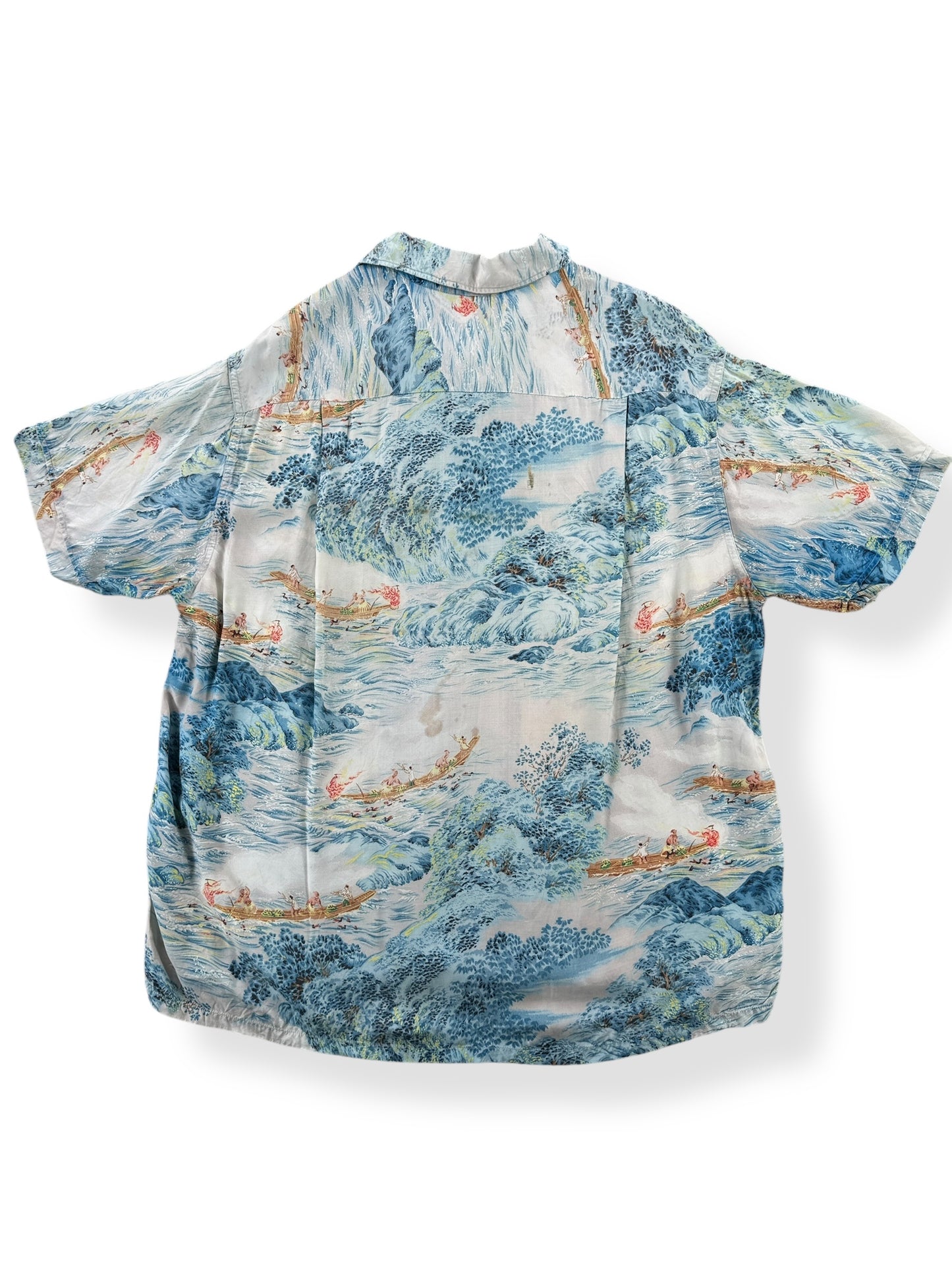 Back of Vintage Penney's Blue Rayon Aloha Shirt SZ L