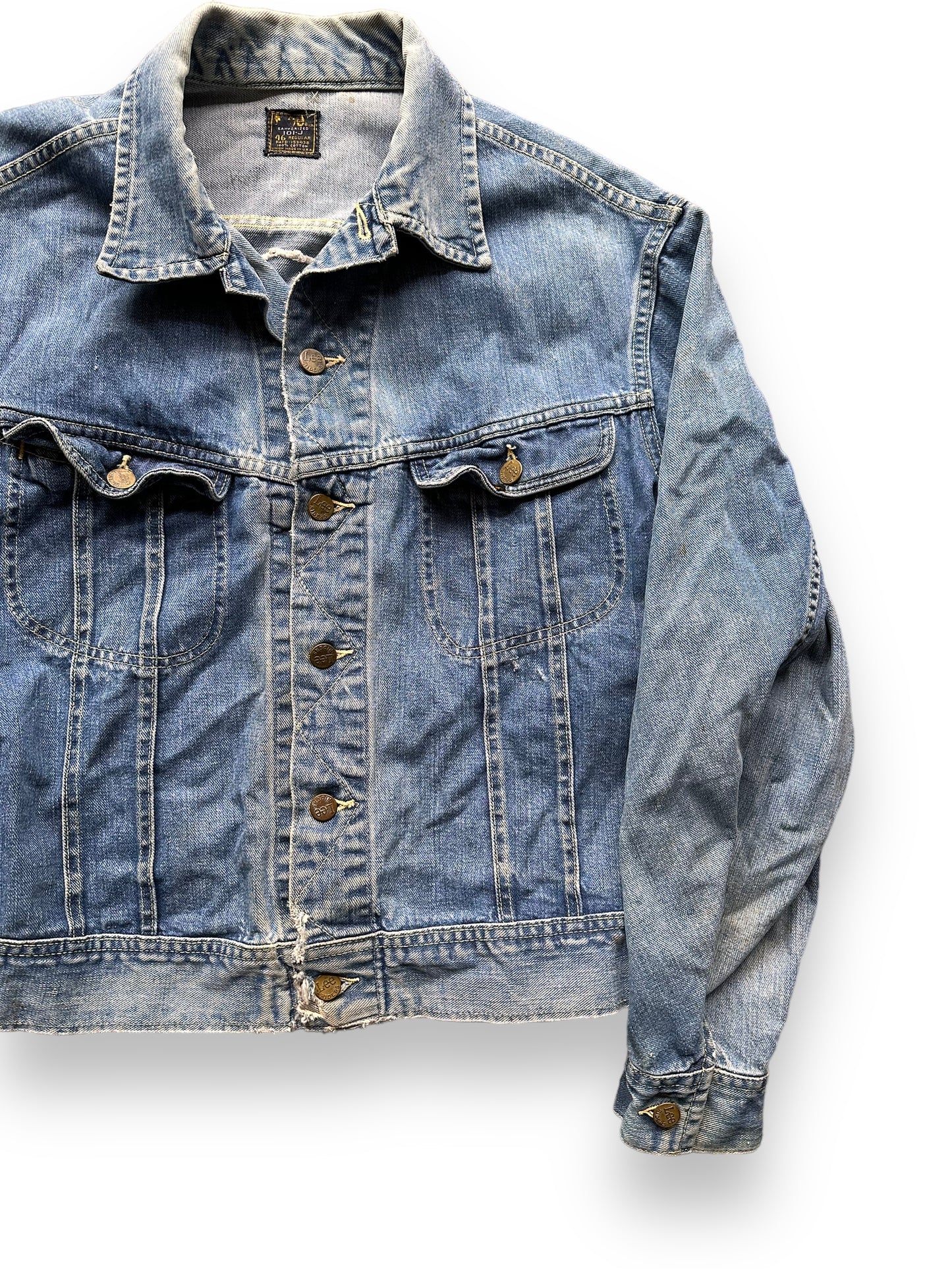 Front Left View of Vintage Chainstitched Stillman Ranch Lee 101-J SZ 46 | Vintage Lee Denim Seattle | Barn Owl Vintage Seattle