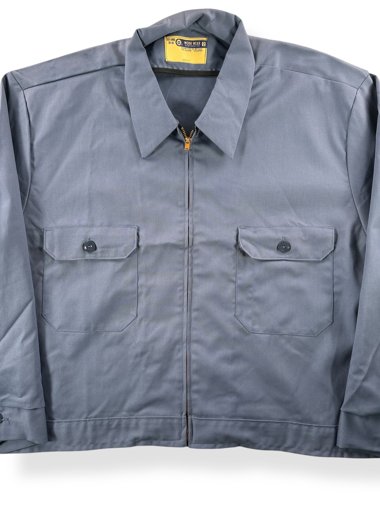 Front Close Up of Vintage Work Wear Light Blue Gas Station Jacket SZ XXXL