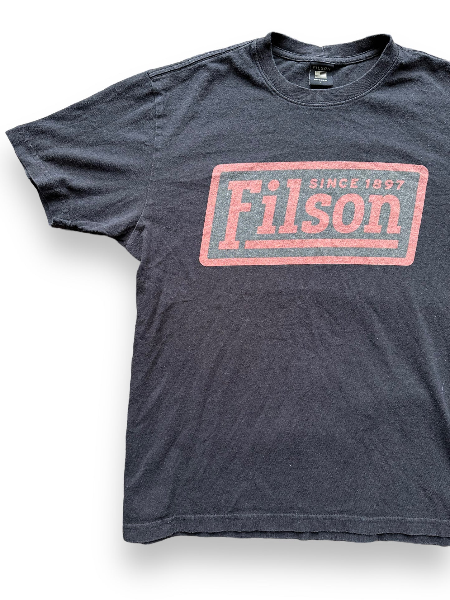Front Right View of Filson Black Cotton Graphic Tee SZ L | Barn Owl Vintage Goods | Vintage Filson Workwear Seattle