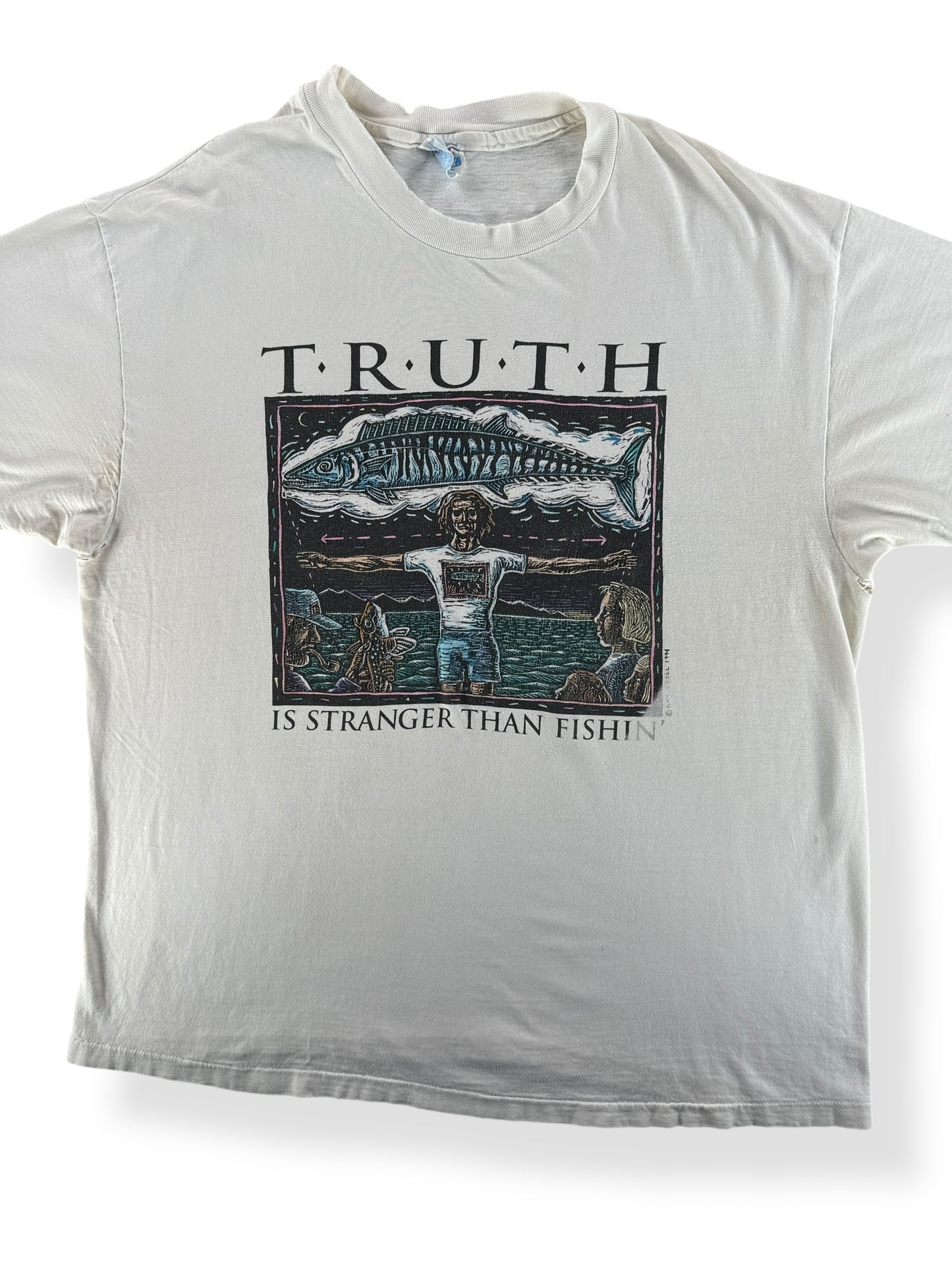 Front Close Up of Vintage Ray Troll Truth is Stranger than Fishin Tee SZ XL