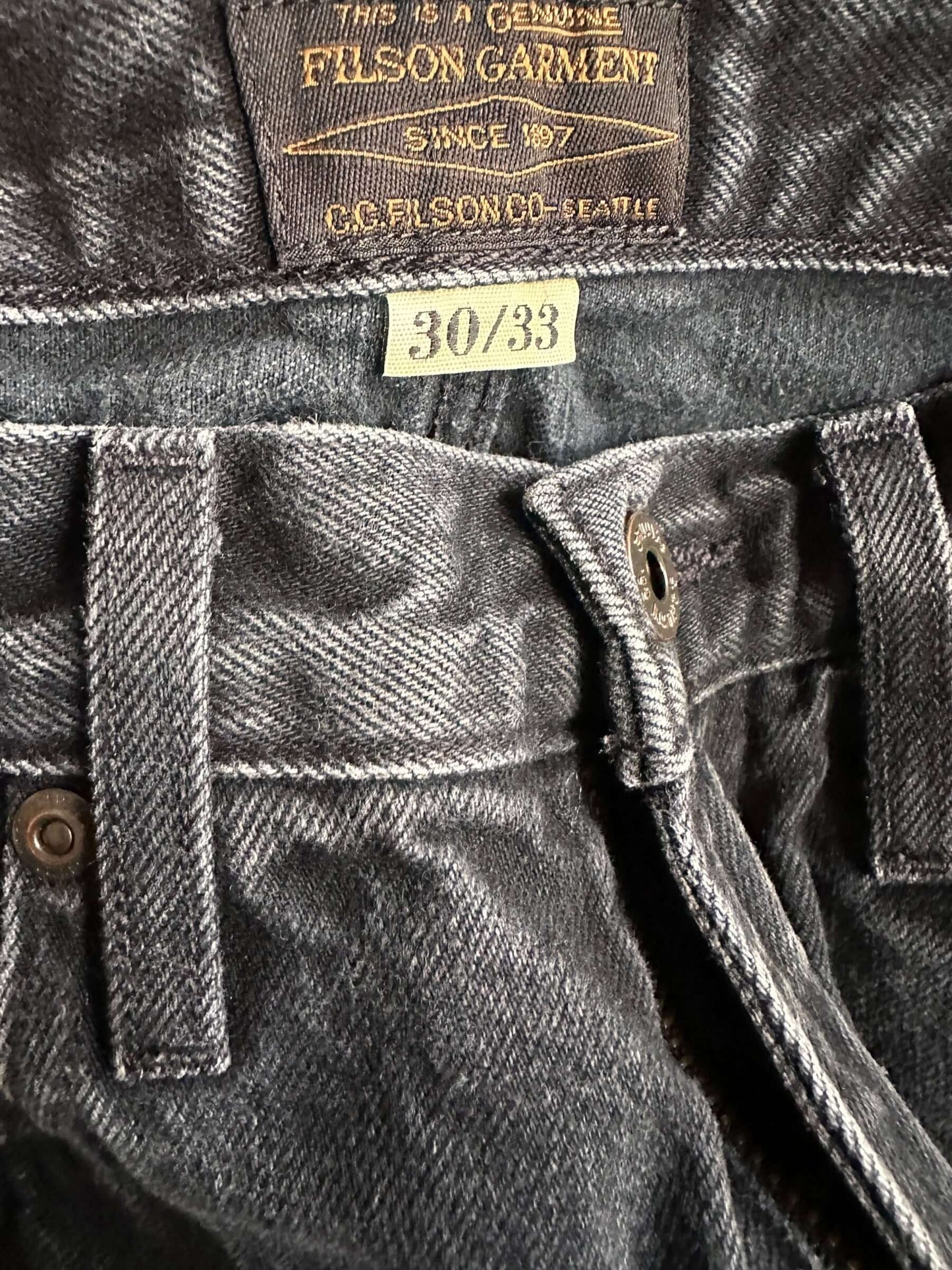 Sizing Tag View of Black Filson Jeans W31 | Filson Dungarees | Filson Workwear Seattle