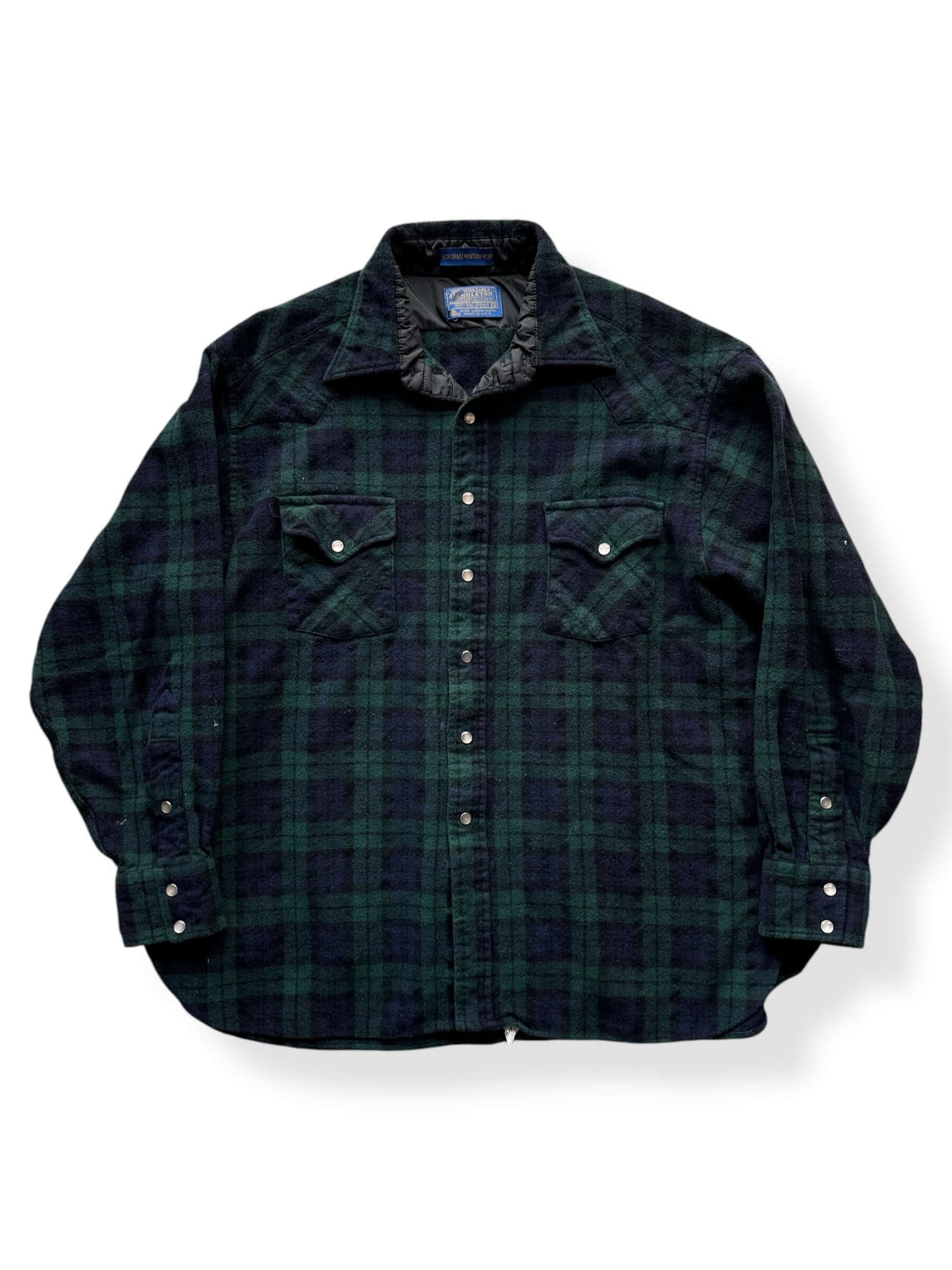 Front of Vintage Pendleton Black Watch Tartan Pearl Snap SZ 1X