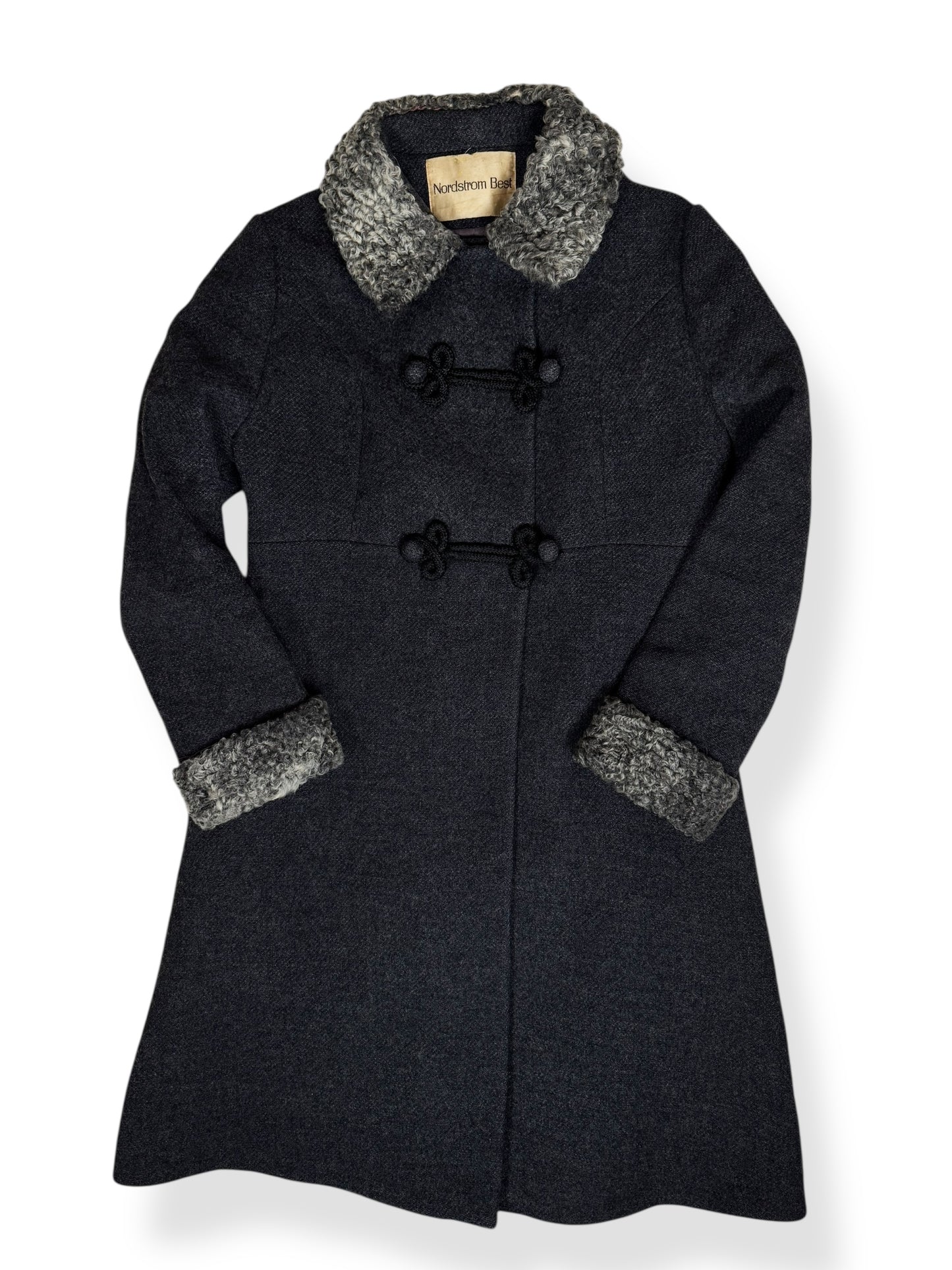 Front view of 1960s Nordstrom's Wool and Lamb's Fur Coat M-L