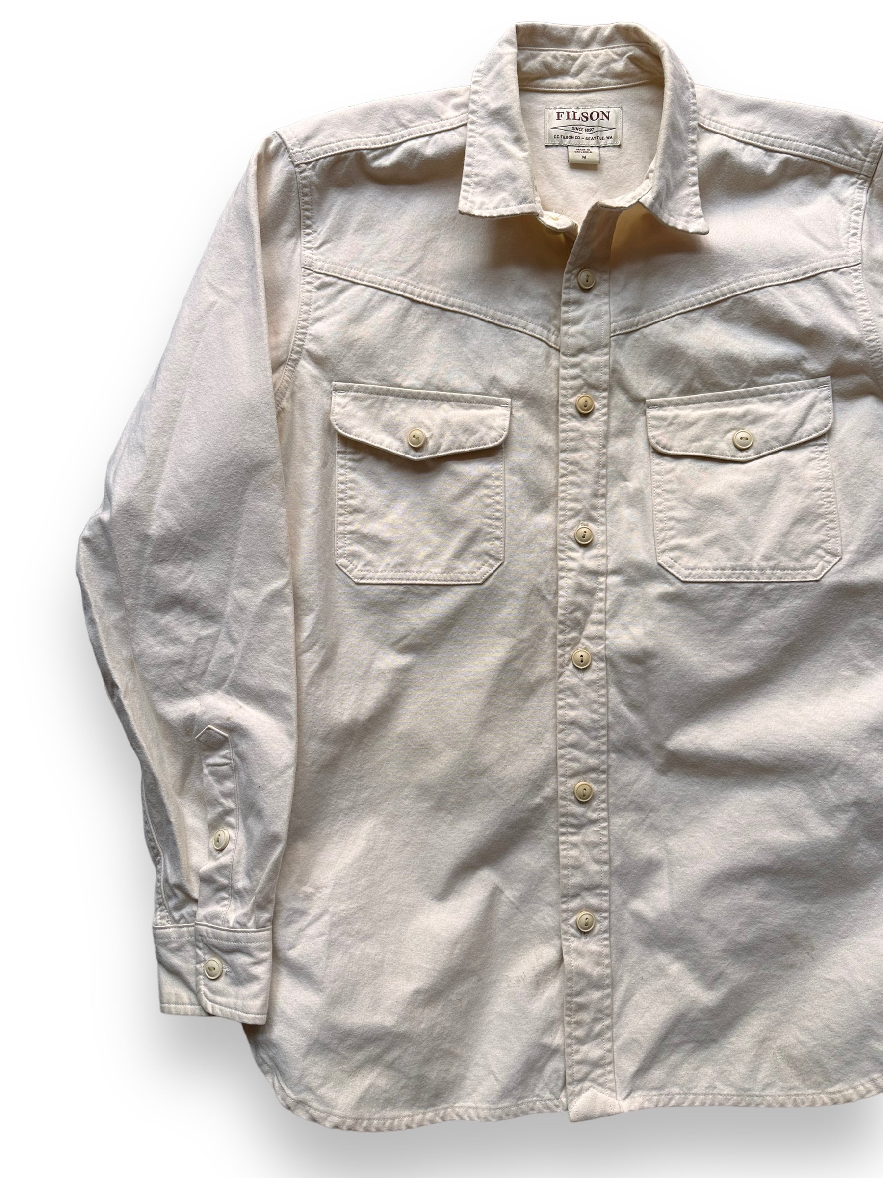 Front Right View of Filson Yukon Chamois Shirt SZ M |  Barn Owl Vintage Goods | Vintage Filson Workwear Seattle