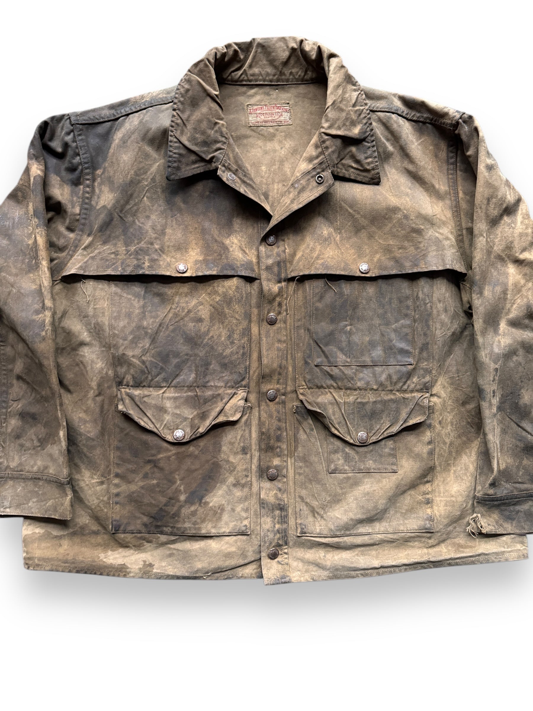 Front Detail of Distressed Vintage Union Made Filson Tin Cruiser SZ XL