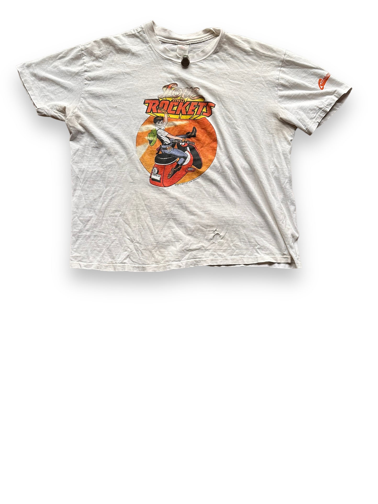 Front View of Vintage 1984 Love & Rockets Comic Tee SZ XL | Vintage Art Tee Seattle | Barn Owl Vintage Clothing Seattle