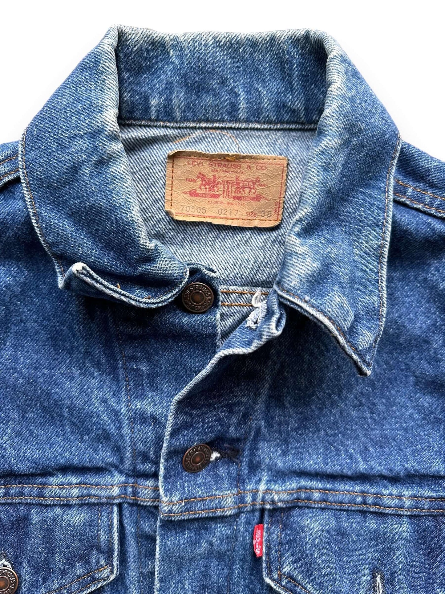 Sizing Tag View of Vintage Dark 2-Pocket Levi's Type III Denim Jacket SZ 38 | Vintage Denim Jacket Seattle | Seattle Vintage Denim